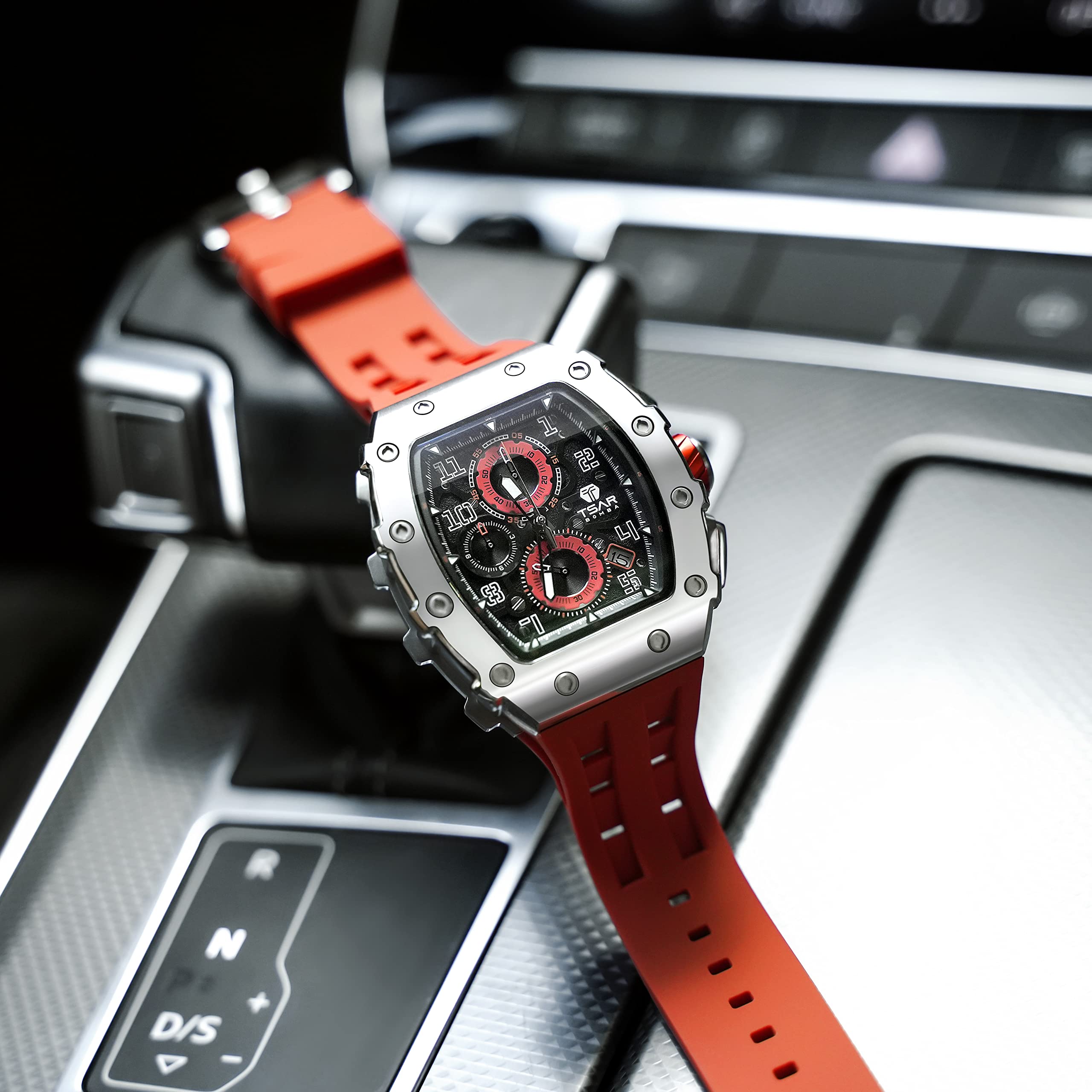TSAR BOMBA Luxury Men's Watch - 50M Waterproof Tonneau Chronograph with Japanese Quartz Movement & Silicone Band - Perfect for Business, Casual Wear & Outdoor Activities - Ideal Gift for Men