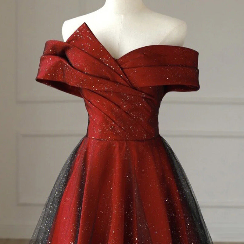 Burgundy Off Shoulder Shiny Tulle Prom Dress - Elegant Formal Evening Gown for Homecoming, Wedding & Special Occasions