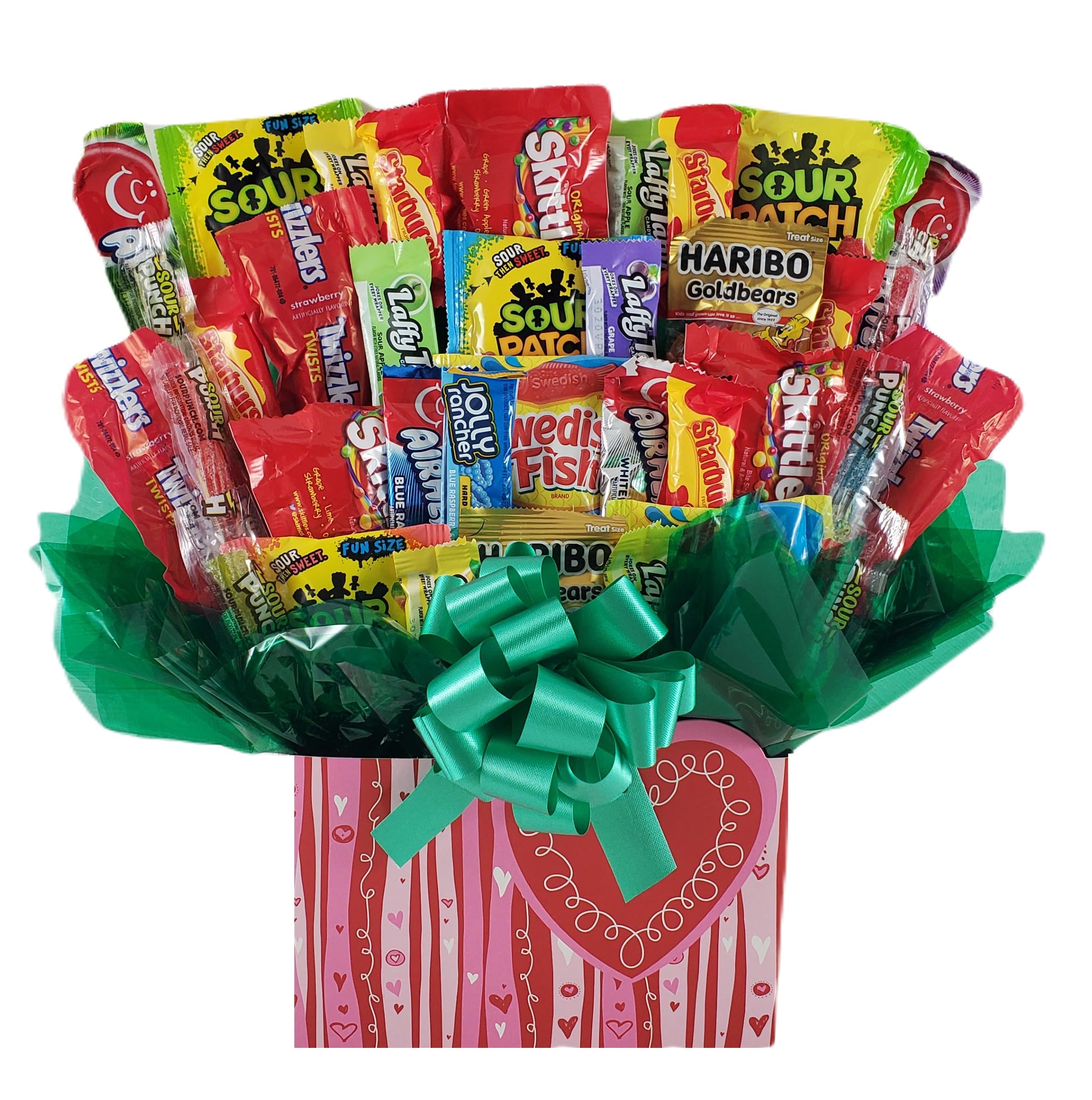 Delicious Tart & Chewy Candy Bouquet Gift Basket - Swirly Heart Design | Perfect for Birthdays, Valentine's Day & Anniversary Gifts