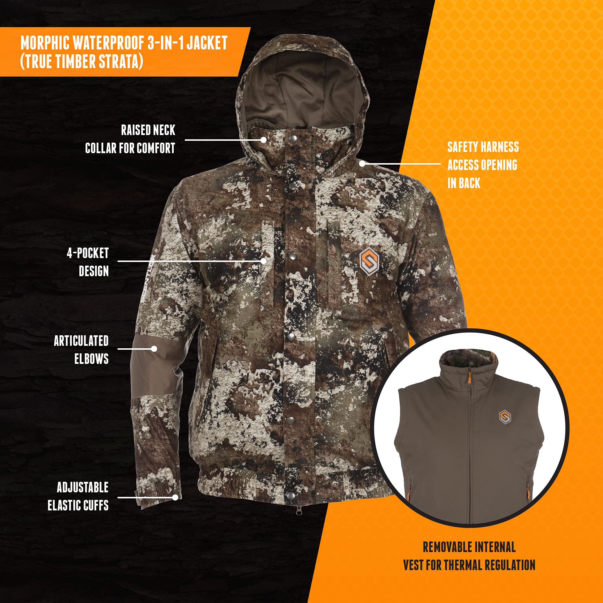 ScentLok Morphic 3-in-1 Waterproof Hunting Jacket for Men - True Timber Strata Camo (Medium) - Ideal for Deer Hunting, Outdoor Adventures & Cold Weather Protection