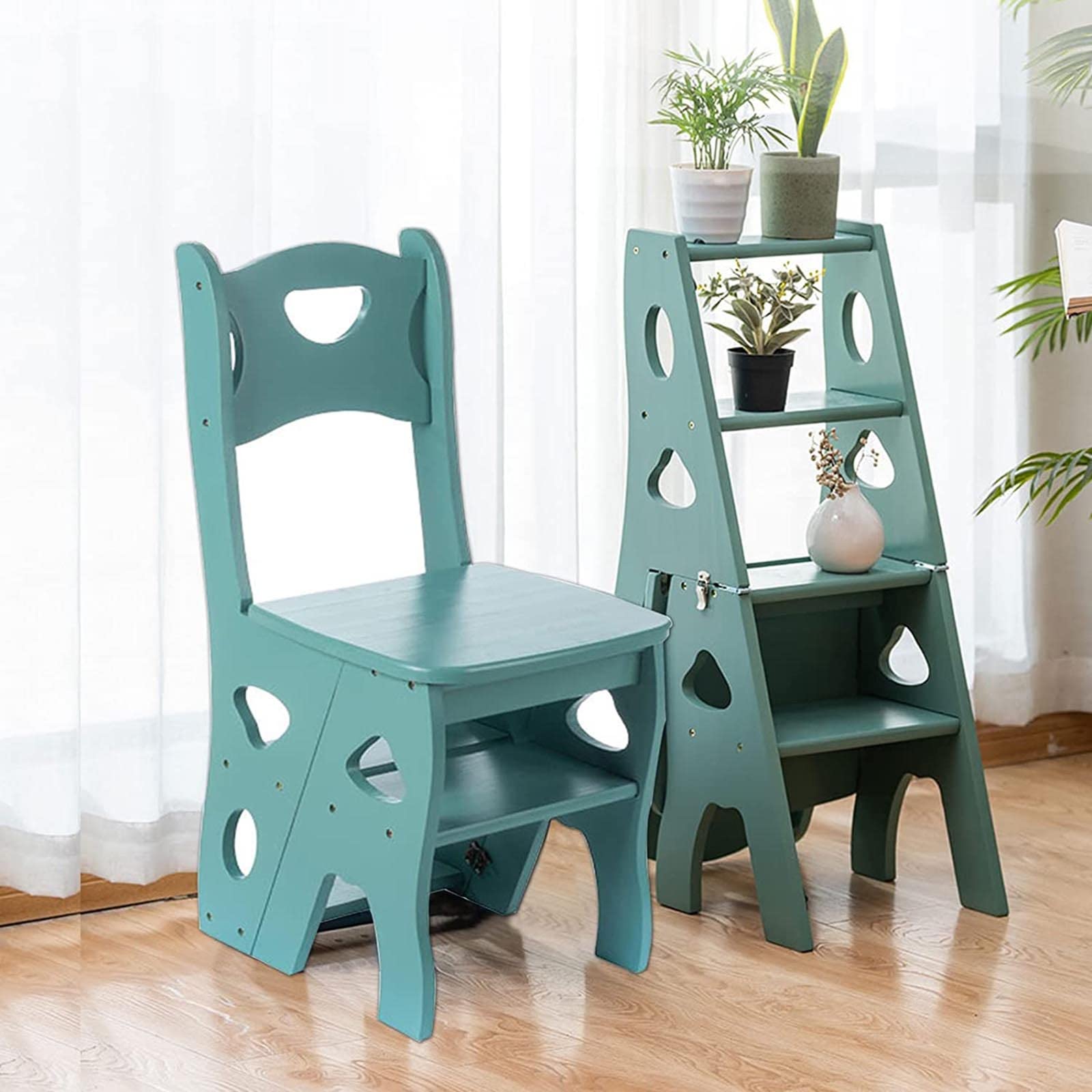 4-Step Wooden Ladder Stool - Foldable Multifunctional Step Stool Chair for Home, Library, and Closet Organization - Perfect for Reaching High Shelves, Storage, and Household Tasks