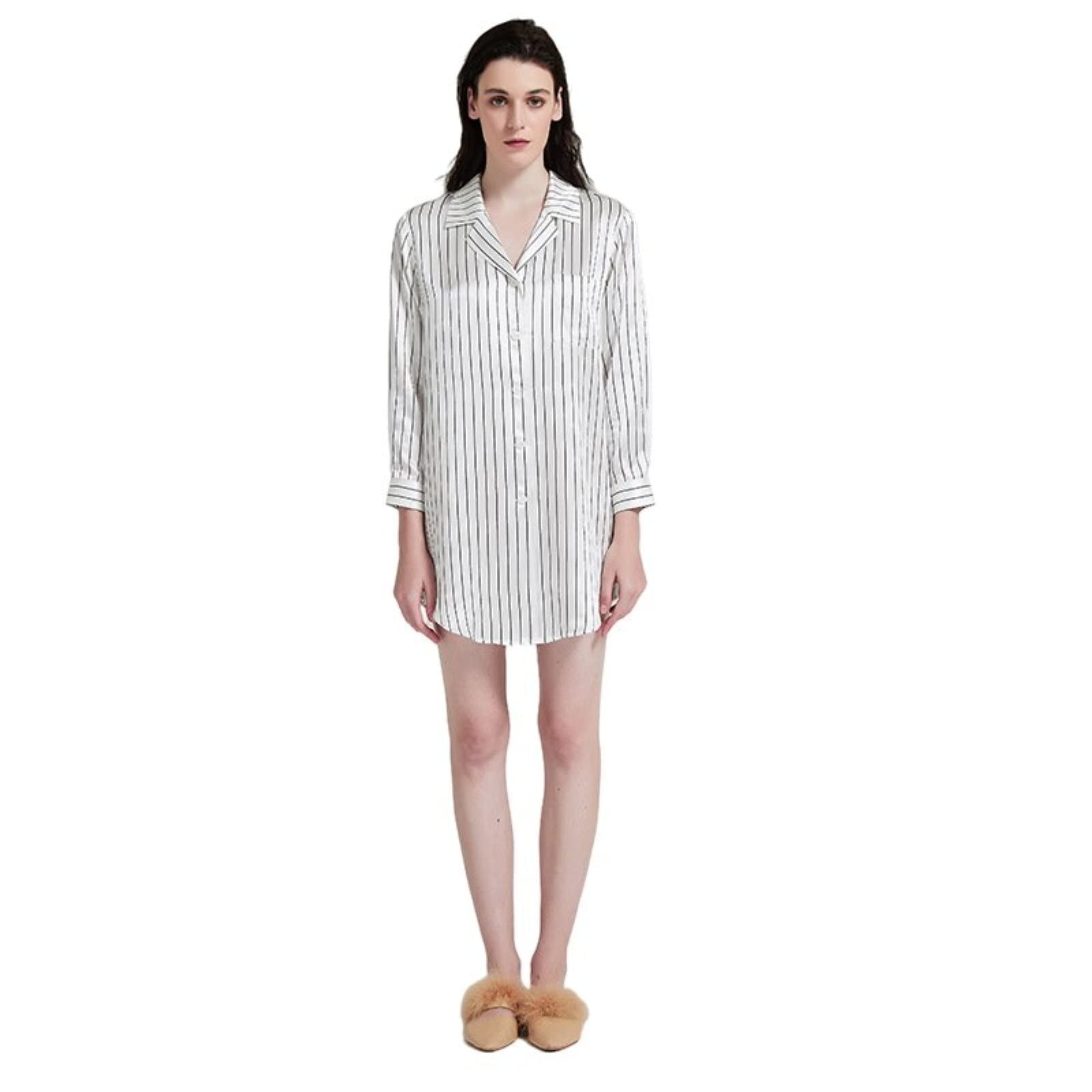 Premium 100% Mulberry Silk Women's Pajama Dress - Black & White Striped Nightgown for Sleepwear & Loungewear | Soft Luxury Homewear for Relaxing Evenings & Spa Days