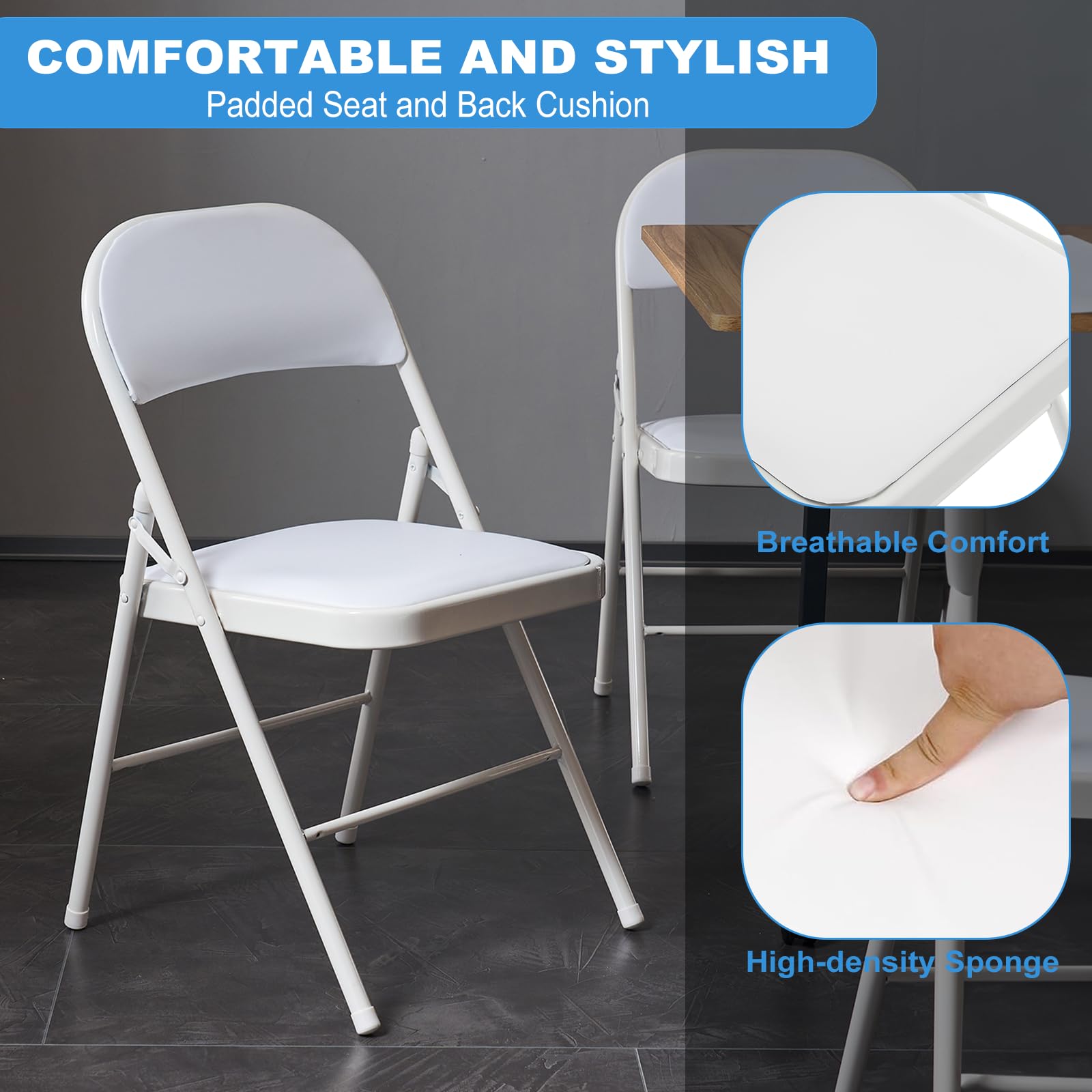 4 Pack White Folding Chairs with Padded Seat & Back Cushion - Heavy Duty Steel Frame, Portable & Stackable - Perfect for Weddings, Parties, Offices, and Indoor/Outdoor Events