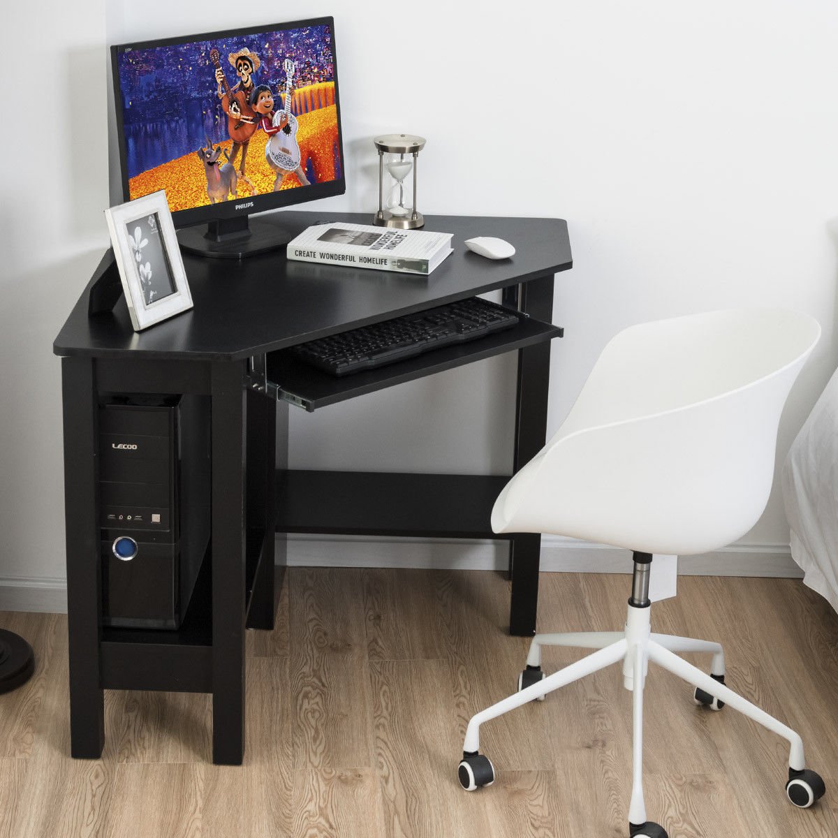 Black Wooden Corner Computer Desk with Slide-Out Keyboard Tray & 2 Storage Compartments | Compact L-Shaped PC Workstation for Home Office, Gaming & Study | Space-Saving Modern Furniture for Small Rooms & Apartments