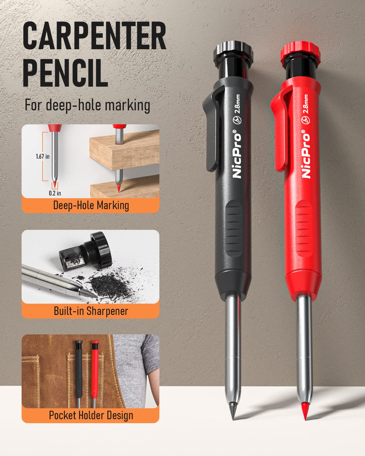 Nicpro 2-Pack Heavy Duty Mechanical Carpenter Pencils with Sharpener & 26 Refills (Red, Black, Yellow) - Durable Construction & Woodworking Pencils for Architects, Builders, Contractors - Perfect for Framing, Marking Lumber, and DIY Projects
