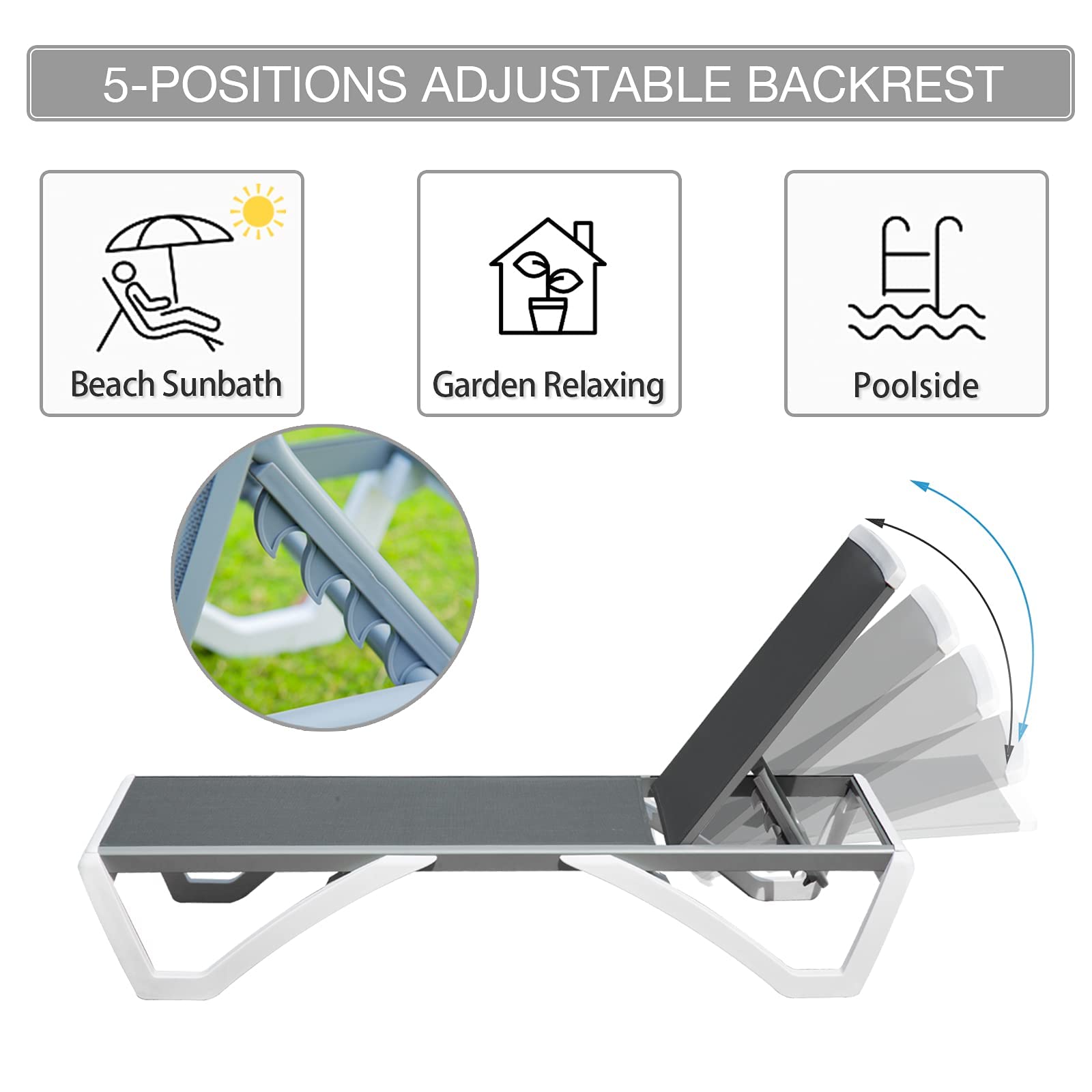 Domi Outdoor Living Adjustable Aluminum Patio Chaise Lounge - Lightweight Plastic Pool Lounge Chair with Reclining Back (Grey) - Perfect for Backyard, Poolside & Beach Relaxation