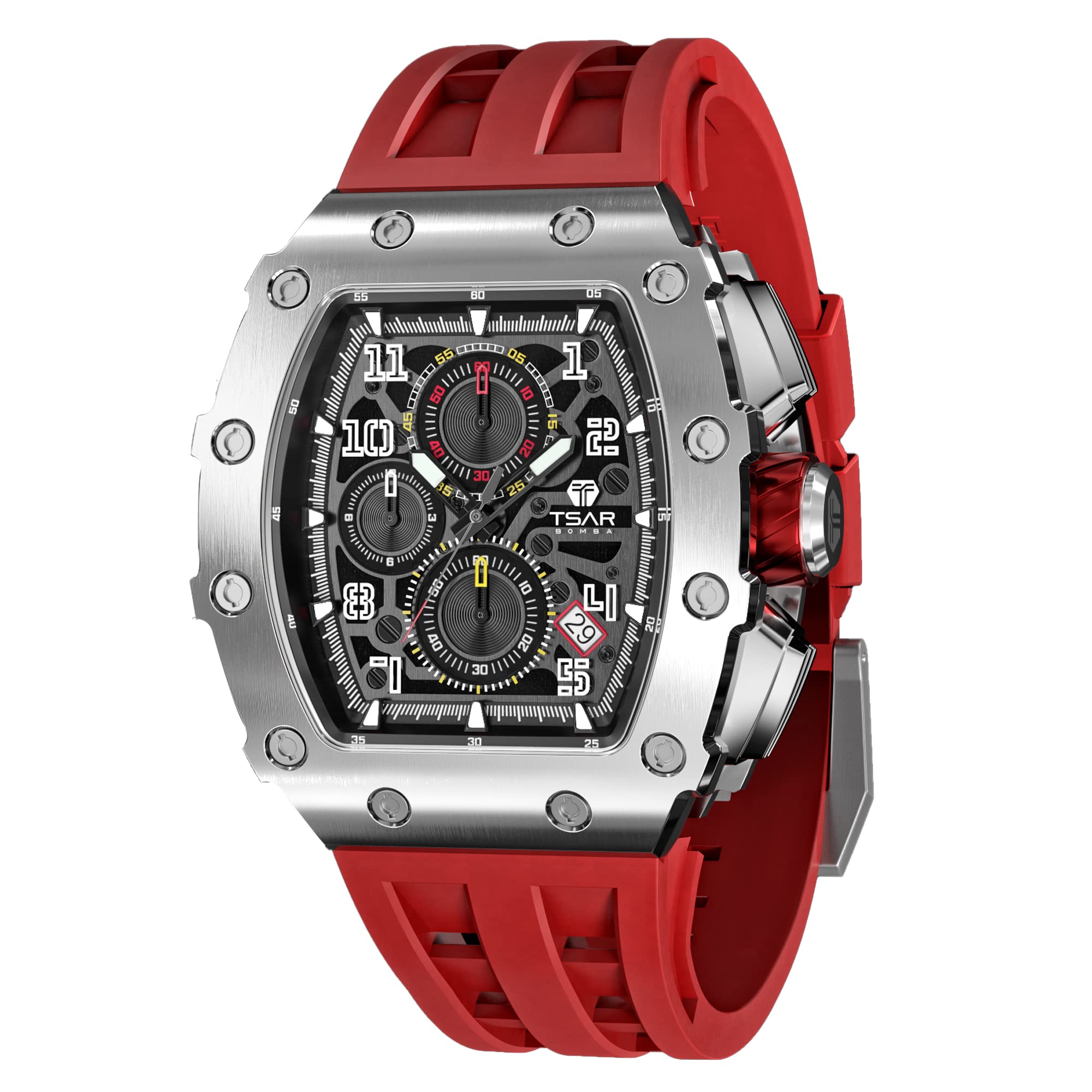 TSAR BOMBA Luxury Men's Watch - Tonneau Sapphire Crystal Japanese Quartz Chronograph - 50M Water Resistant Rubber Strap Luminous Diver Watch - Perfect Gift for Him - Ideal for Business, Diving & Formal Occasions