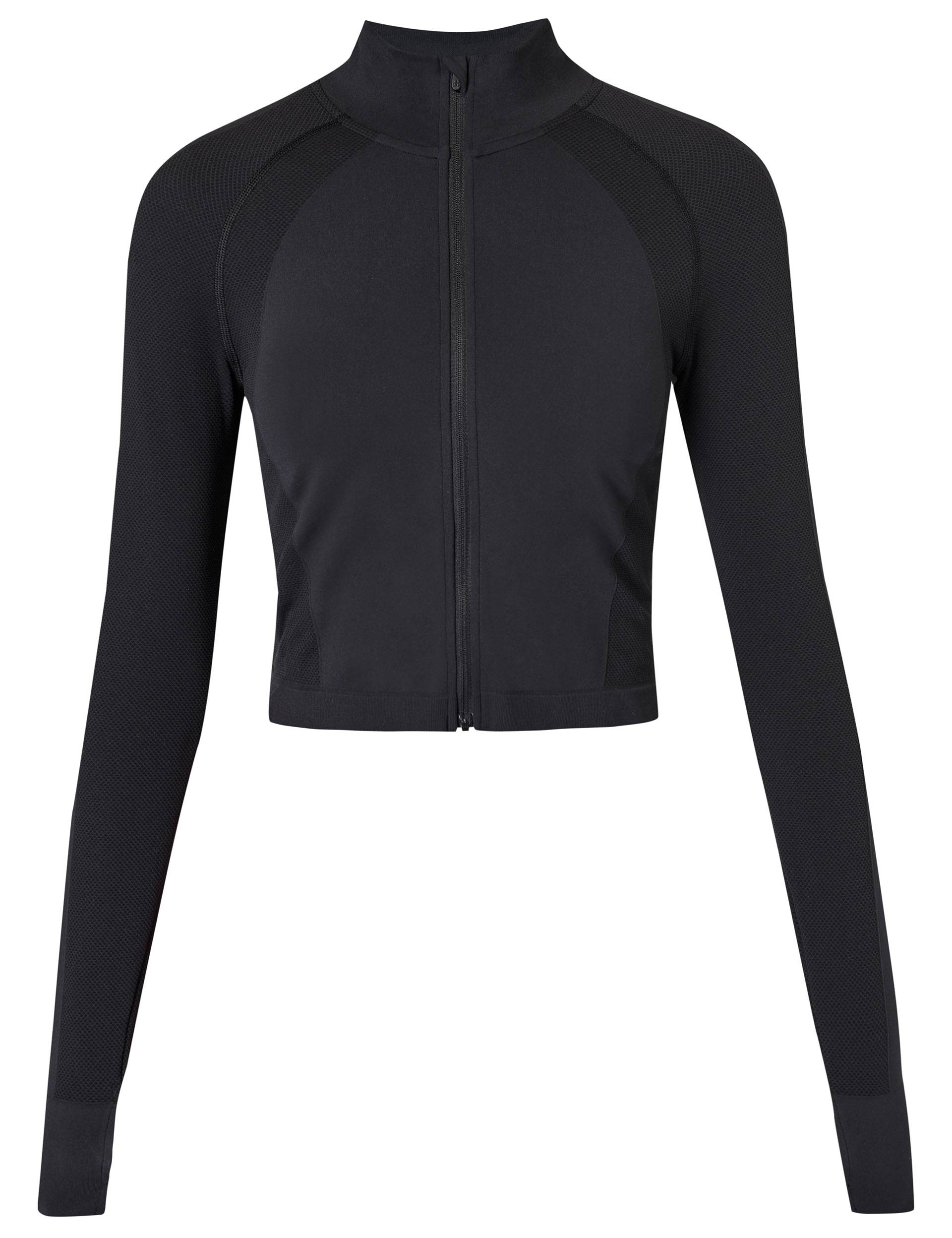 Seamless Zip-Up Gym Crop Top for Women - Black | Workout, Yoga & Running Activewear