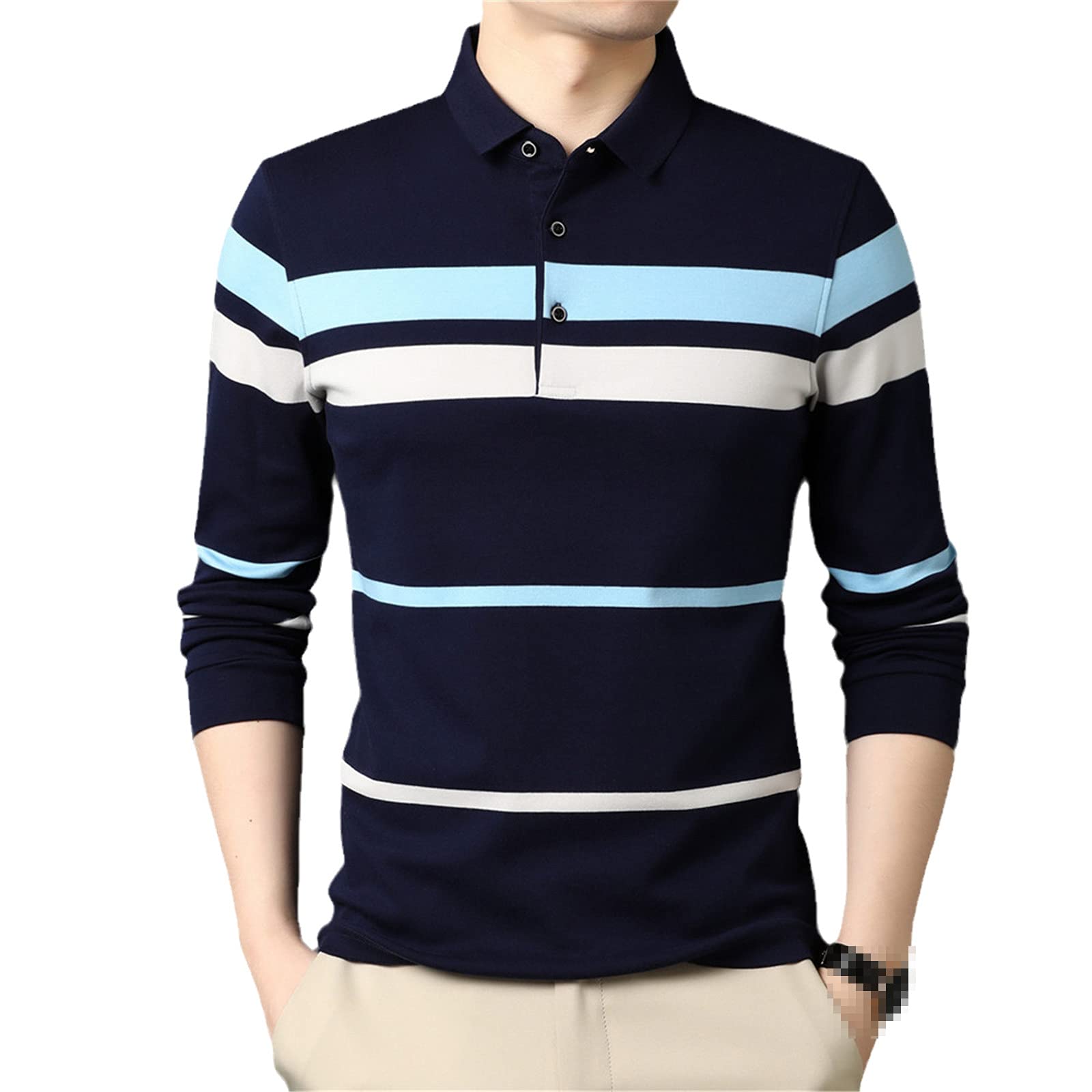 Men's Business Casual Striped Long Sleeve Cotton Polo Shirt - Spring & Autumn Office Wear, Smart Casual Tees for Work & Weekend Outings
