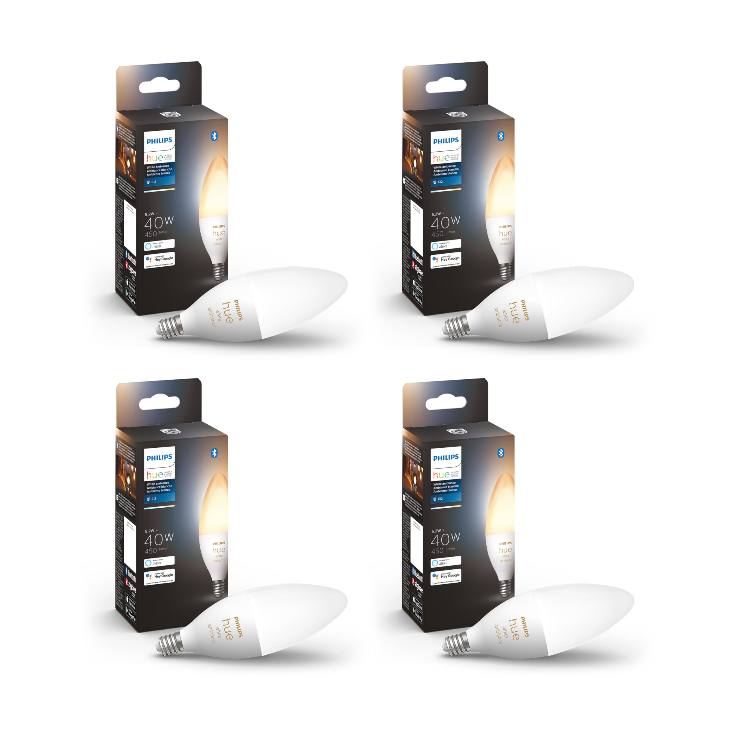 Philips Hue Smart 40W B39 Candle LED Bulb - White Ambiance Warm to Cool Light - 4 Pack - 450LM - E12 Base - Indoor Smart Bulb - Works with Alexa, Google Assistant & Apple HomeKit - Perfect for Bedroom, Living Room & Dining Room Lighting