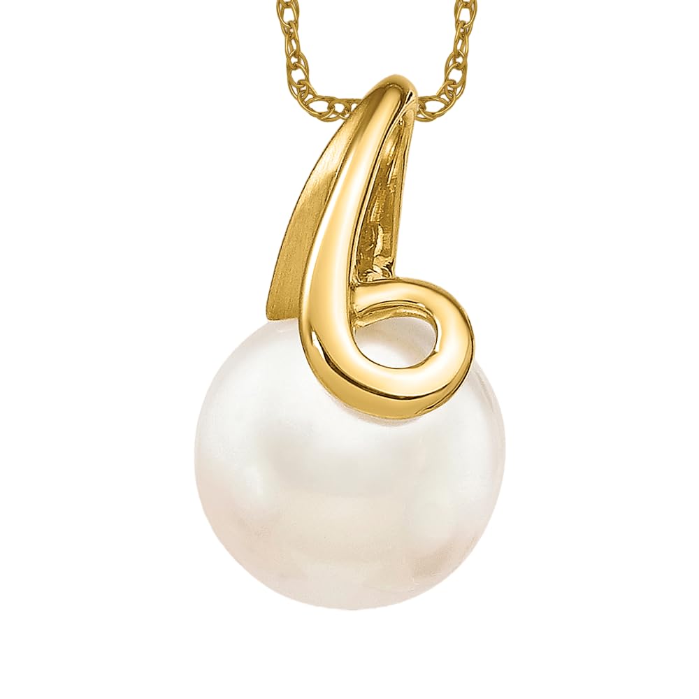 14K Solid Yellow Gold 8mm White Button Freshwater Cultured Pearl Necklace - Elegant Pendant Charm Slide for Women, Perfect for Weddings, Parties & Special Occasions