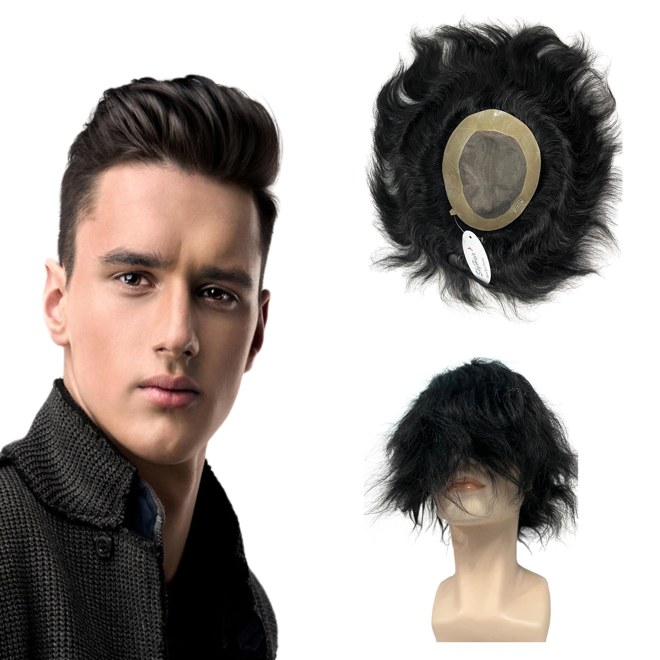 SkyHair SUPER MONO Men's Hair Patch - 100% Human Hair Toupee for Men | Durable Hair Replacement System with Clips, Glue & Tape (11x9 Inch, Natural Black) | Perfect for Thinning Hair, Bald Spots & Hair Loss Solutions