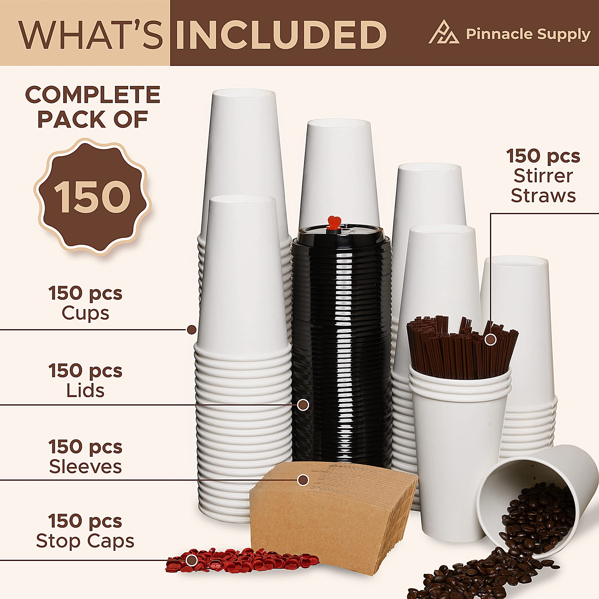 150 Pack 16oz Disposable Coffee Cups with Lids & Sleeves - Bulk Insulated Hot Paper Cups for Coffee, Tea, Hot Chocolate - Perfect for Small Businesses, Cafes, and Takeout Services - Ideal for Office Meetings, Coffee Shops, and Catering Events
