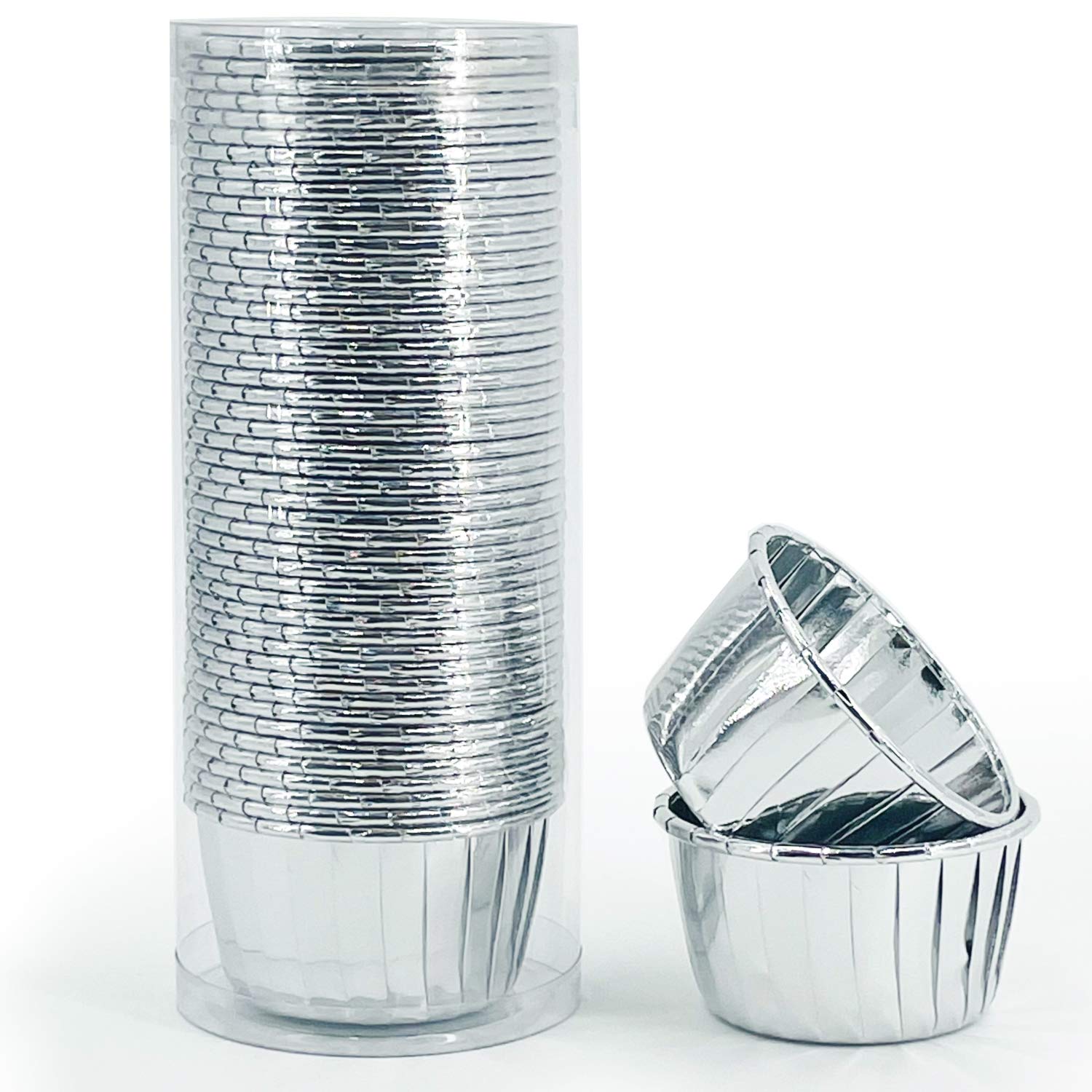 50-Pack Gold & Silver Disposable Foil Cupcake Liners - 3.5 Oz Baking Cups for Muffins, Cupcakes & Desserts | Reusable Aluminum Ramekin Holders for Party, Wedding & Holiday Baking (Hippo Design)