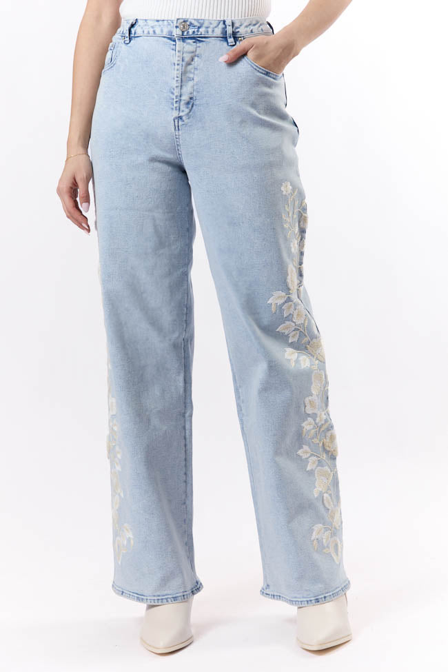 Daisy Light Wash Floral Embroidered Wide Leg Jeans for Women - High Waisted Comfort Denim Pants - Perfect for Casual Outfits, Spring Fashion & Boho Style