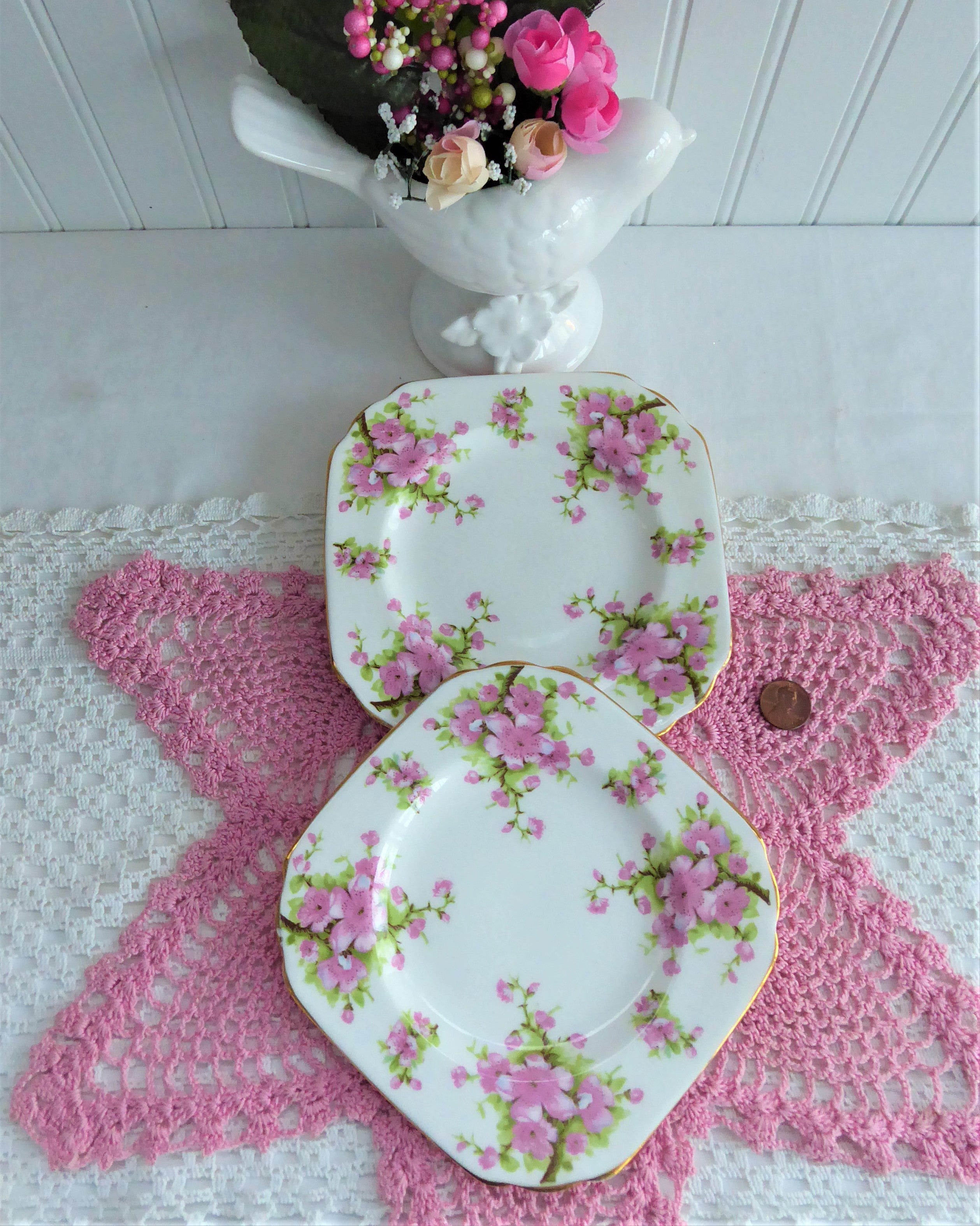 English Bone China 6 Inch Square Side Plates - Chelsea Pink Peach Blossoms Design, Set of 2 | Elegant Dinnerware for Tea Parties, Bridal Showers & Fine Dining