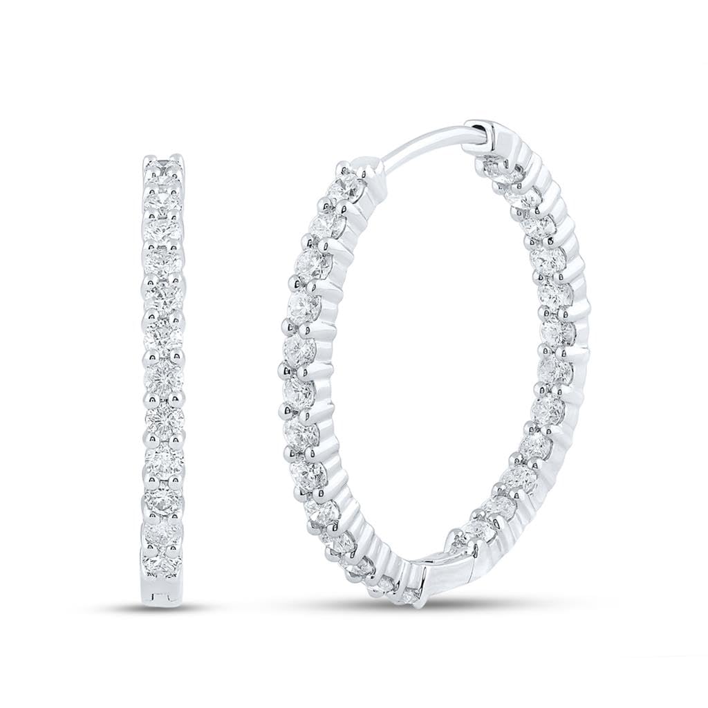 14K White Gold Round Diamond Hoop Earrings for Women - 3 Cttw Inside & Outside Diamonds | Perfect for Weddings, Parties & Everyday Elegance