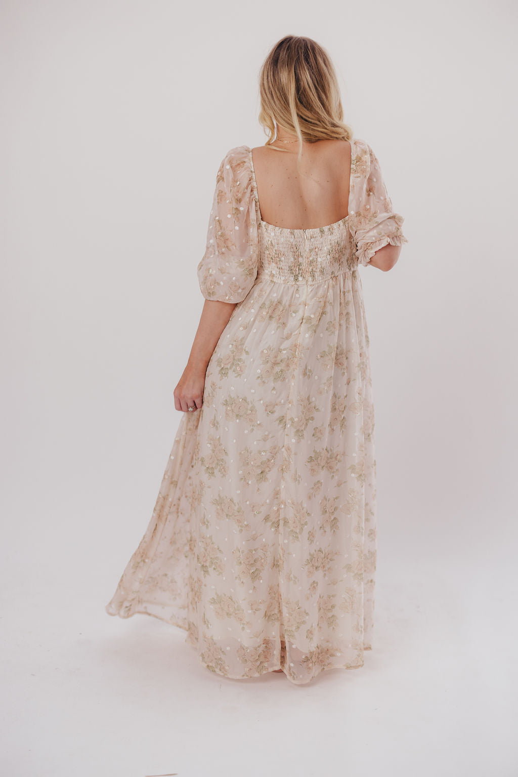Elegant Cream Floral Smocked Maxi Dress for Women - Bump Friendly Maternity & Inclusive Sizing (S-3XL) | Perfect for Weddings, Beach Vacations & Summer Parties