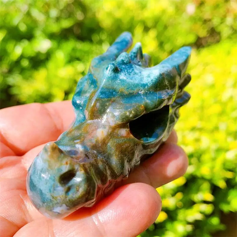 Natural Ocean Jasper Dragon Skull Carving - 3 Inch Healing Crystal for Home Decor, Wicca Altar & Spiritual Gifts | Positive Energy Stone for Meditation, Feng Shui & Witchcraft Supplies