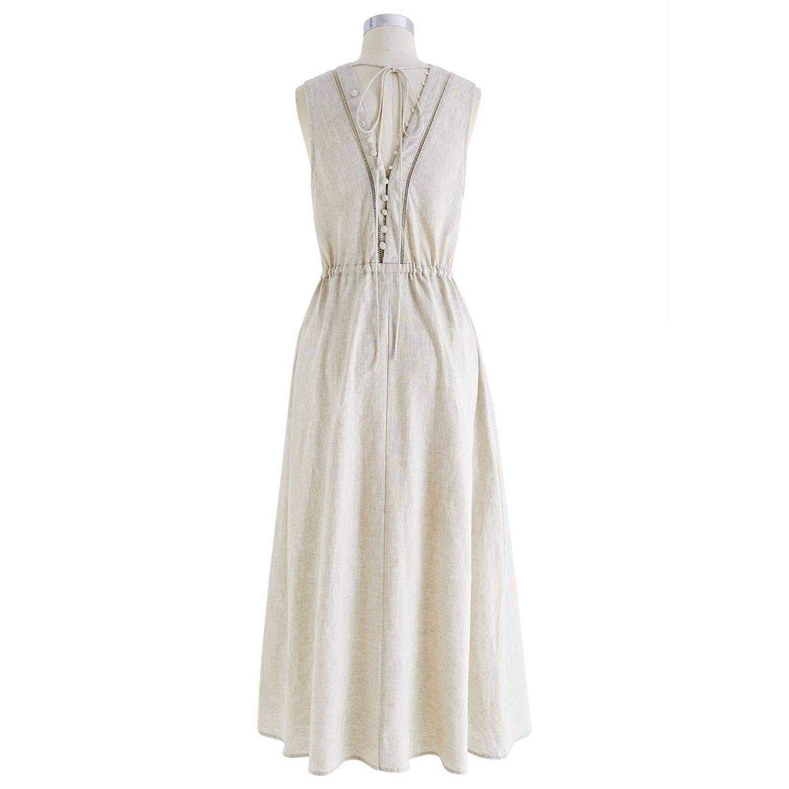 CHICWISH Women's V-Neck Sleeveless Linen Midi Dress with Side Pockets - Casual Beach Summer Vacation Dress for Women | Perfect for Travel, Brunch & Outdoor Events