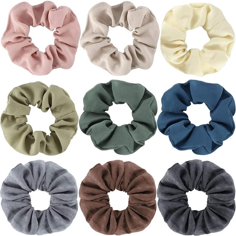 9-Piece Matte Scrunchies Hair Ties Set - Thick Elastic Hair Bands for Women & Girls - Soft Small Colorful Hair Ropes Ponytail Holders (Perfect for Workouts, Office, School & Everyday Styling)