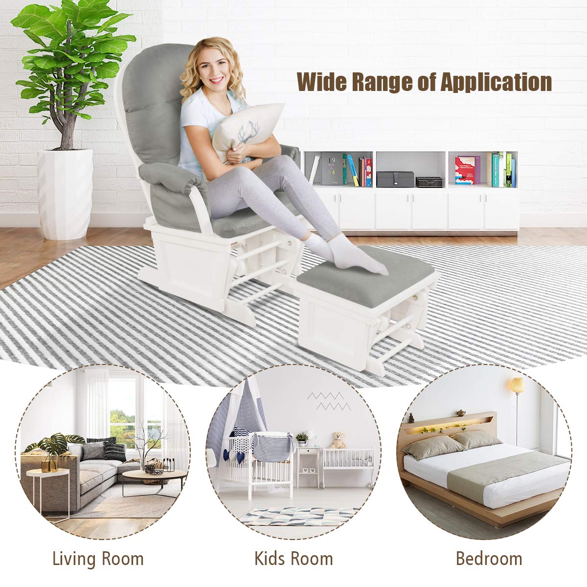 Costzon Baby Glider and Ottoman Set - Light Grey Upholstered Nursery Chair with Padded Armrests & Detachable Cushion | Wooden Rocking Chair for Nursing, Napping & Reading | Perfect for Nursery, Bedroom or Living Room