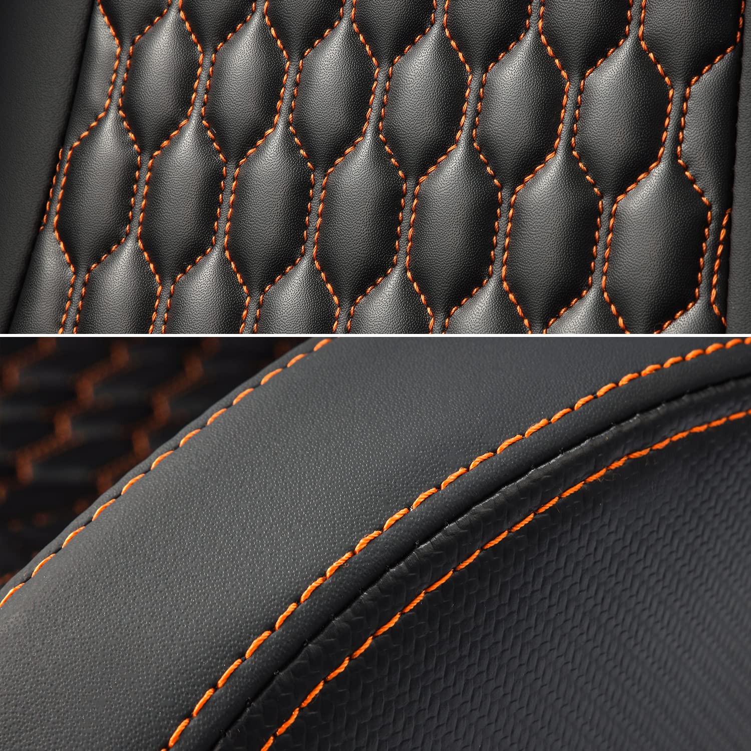 Pair of All Black PVC & Orange Snake Pattern Racing Seats with Carbon Fiber Style Leather & Sliders - Reclinable Bucket Seats for Sports Cars & Gaming Chairs