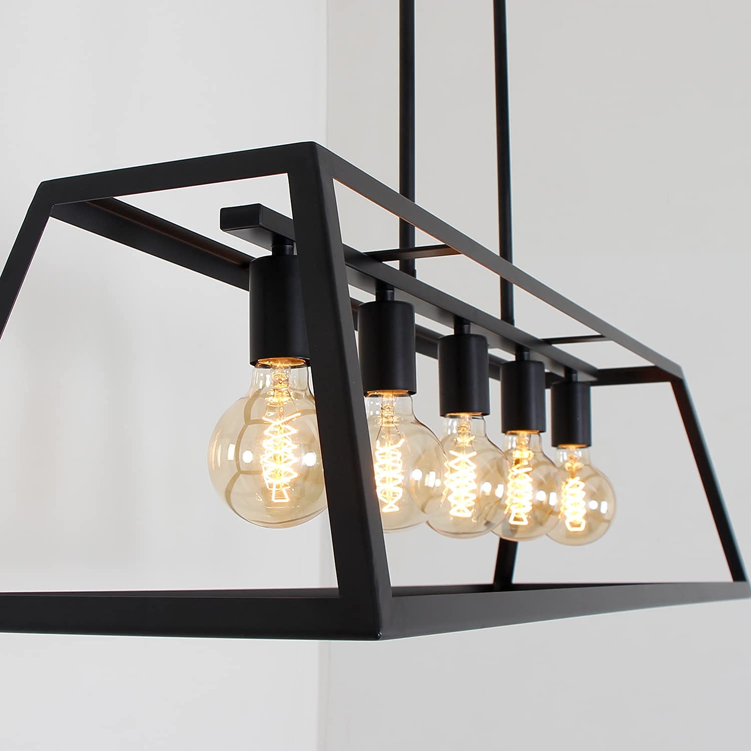 Modern Farmhouse Linear Pendant Light - 5-Light Black Industrial Rectangular Chandelier (38-Inch) for Kitchen Island, Dining Room, Living Room & Foyer - Perfect for Rustic Home Decor & Bar Lighting