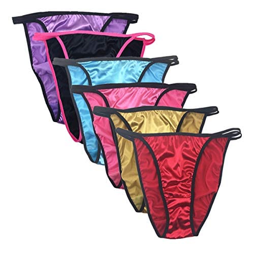 6 Pack Women's Sexy Satin String Bikini Underwear - Shiny Smooth Comfortable Panties for Beach, Pool & Romantic Occasions