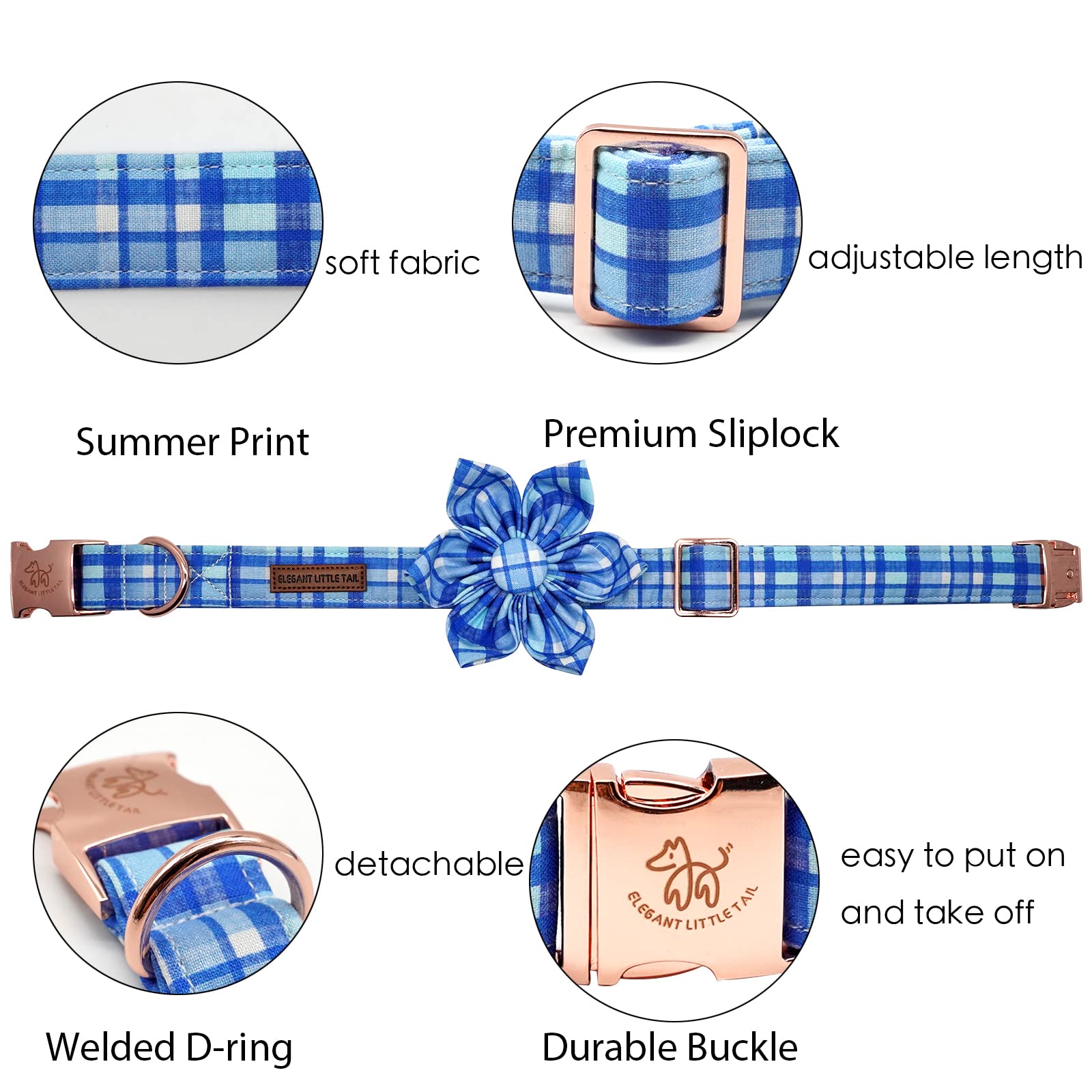Elegant Blue Plaid Dog Collar with Flower - Soft Adjustable Pet Collar for Medium Dogs | Perfect for Daily Walks, Pet Photos & Special Occasions