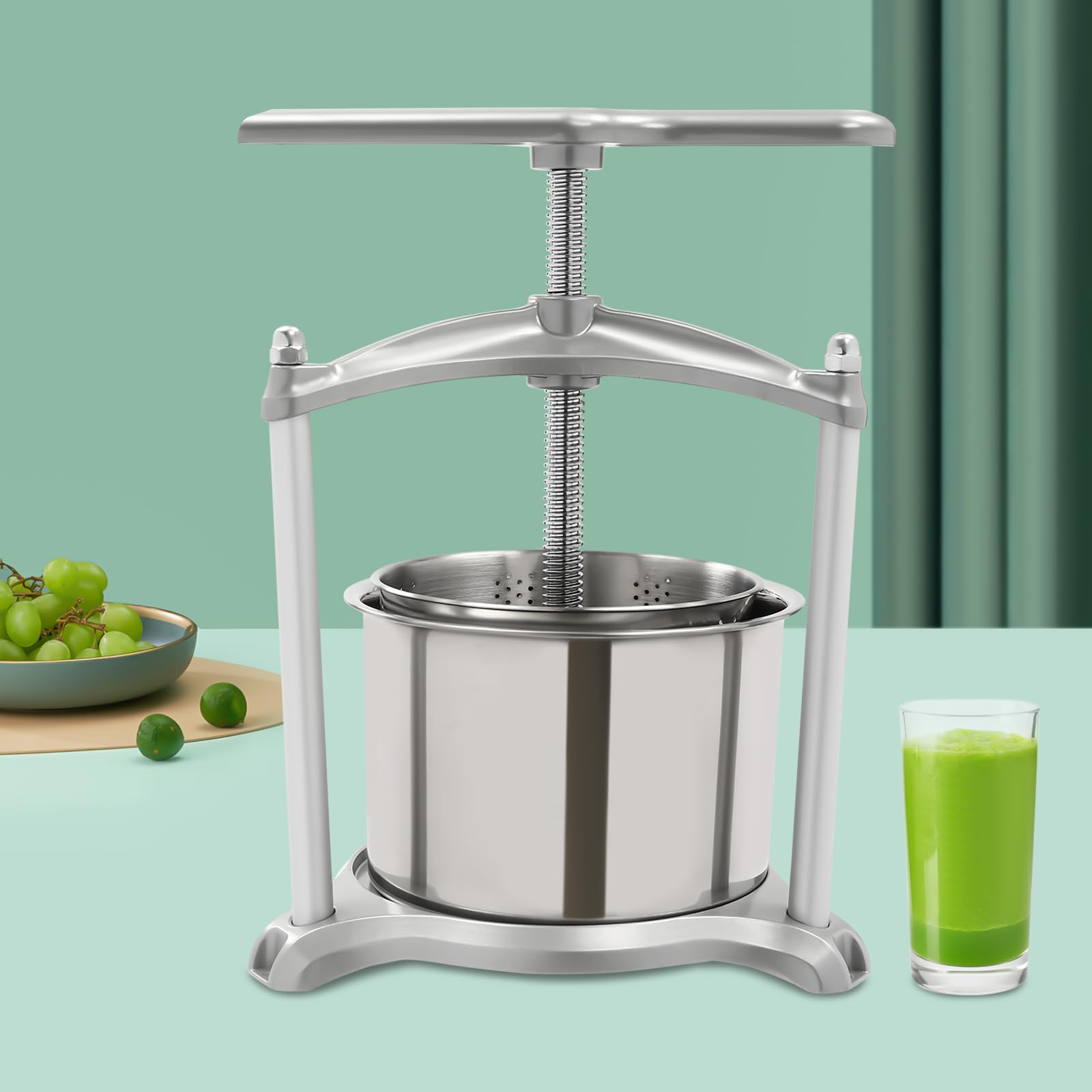 Stainless Steel 6L/1.59Gal Manual Fruit Wine Press with T-Handle - Grape Cider, Cheese, Herbs, Olive Oil & Honey Pressing Equipment for Home Brewing & DIY Winemaking