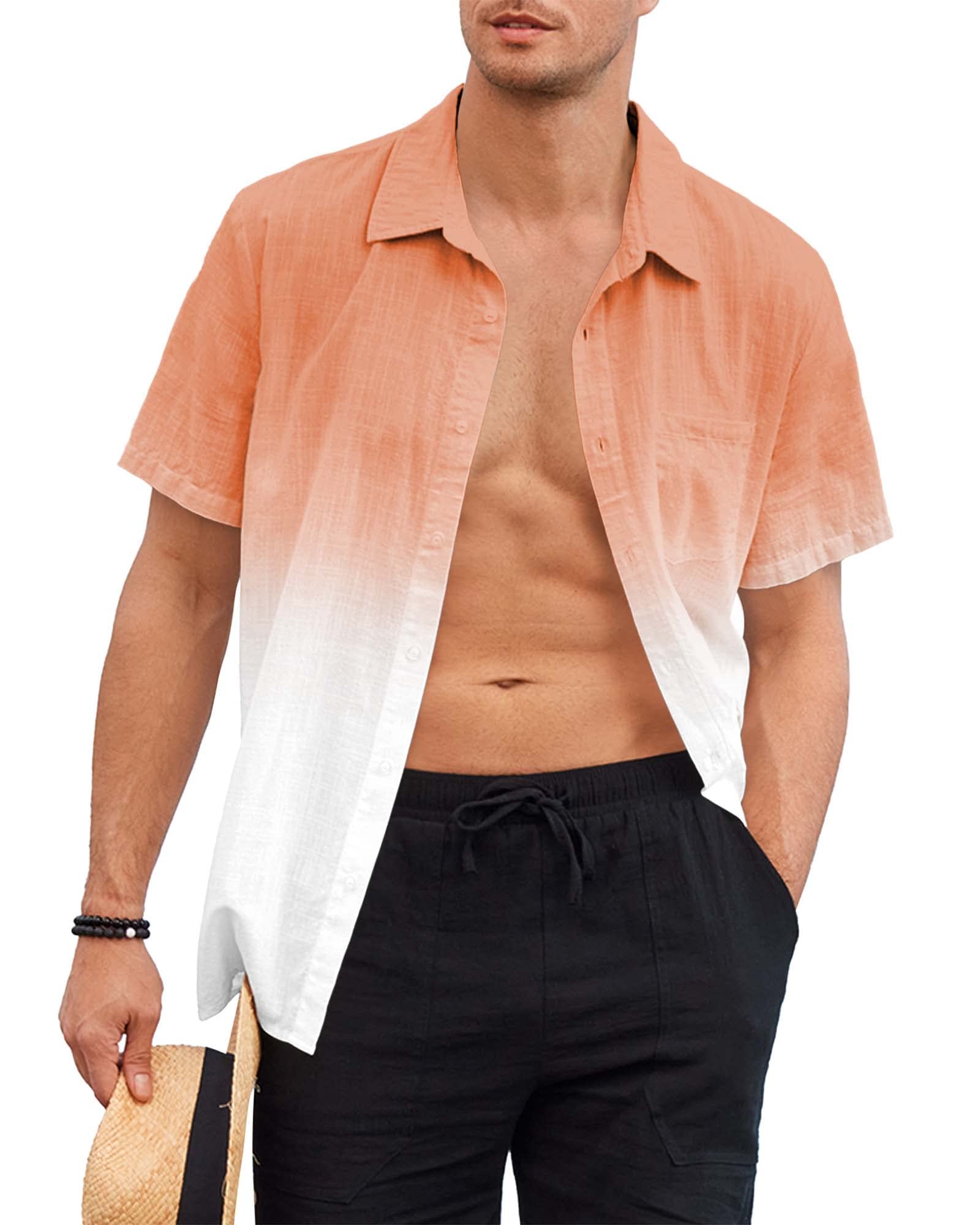 Men's Casual Gradient Linen Shirts - Breathable Short Sleeve Button Down Shirt for Summer & Beach Wear - Perfect for Vacations, Outdoor Activities and Relaxing