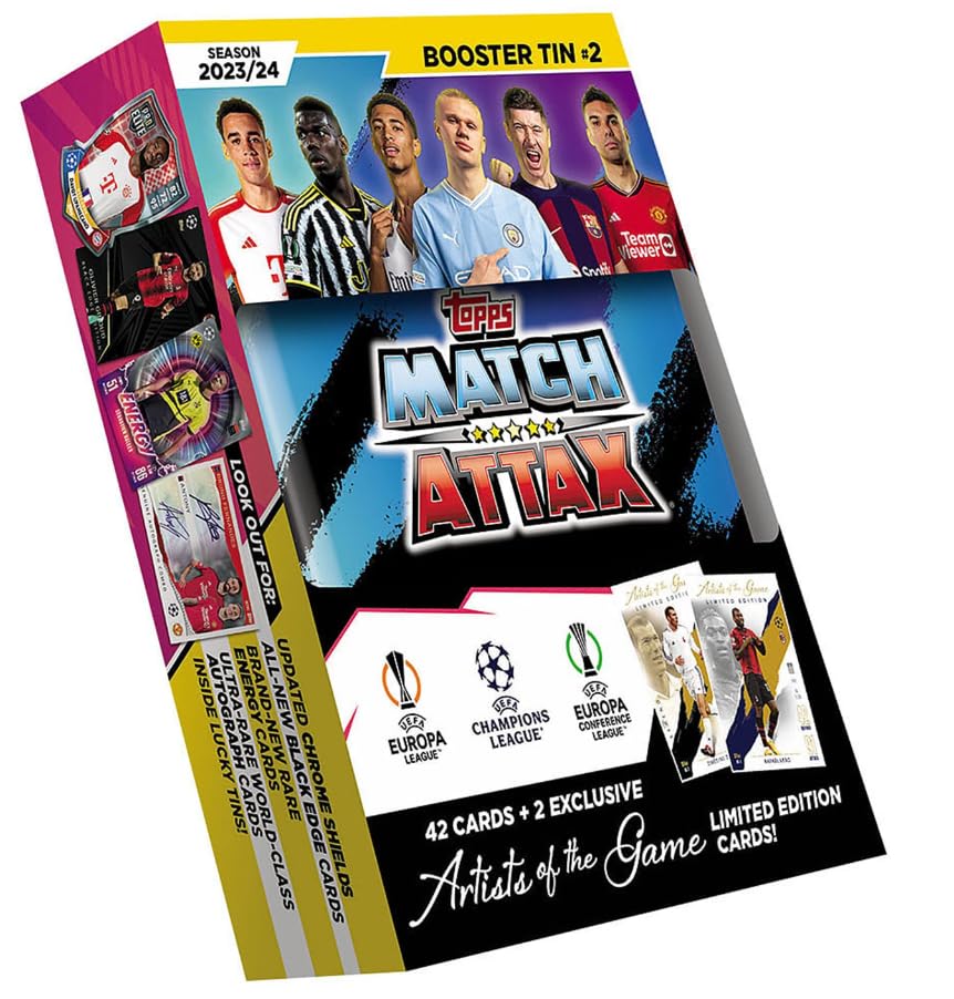 Topps Champions League Match Attax 2023/24 Soccer Trading Cards - Booster Tin 2 with 42 Cards + 2 Limited Edition Artist Cards | Collectible Football Cards for Fans & Players - Perfect for Trading, Gaming & Display