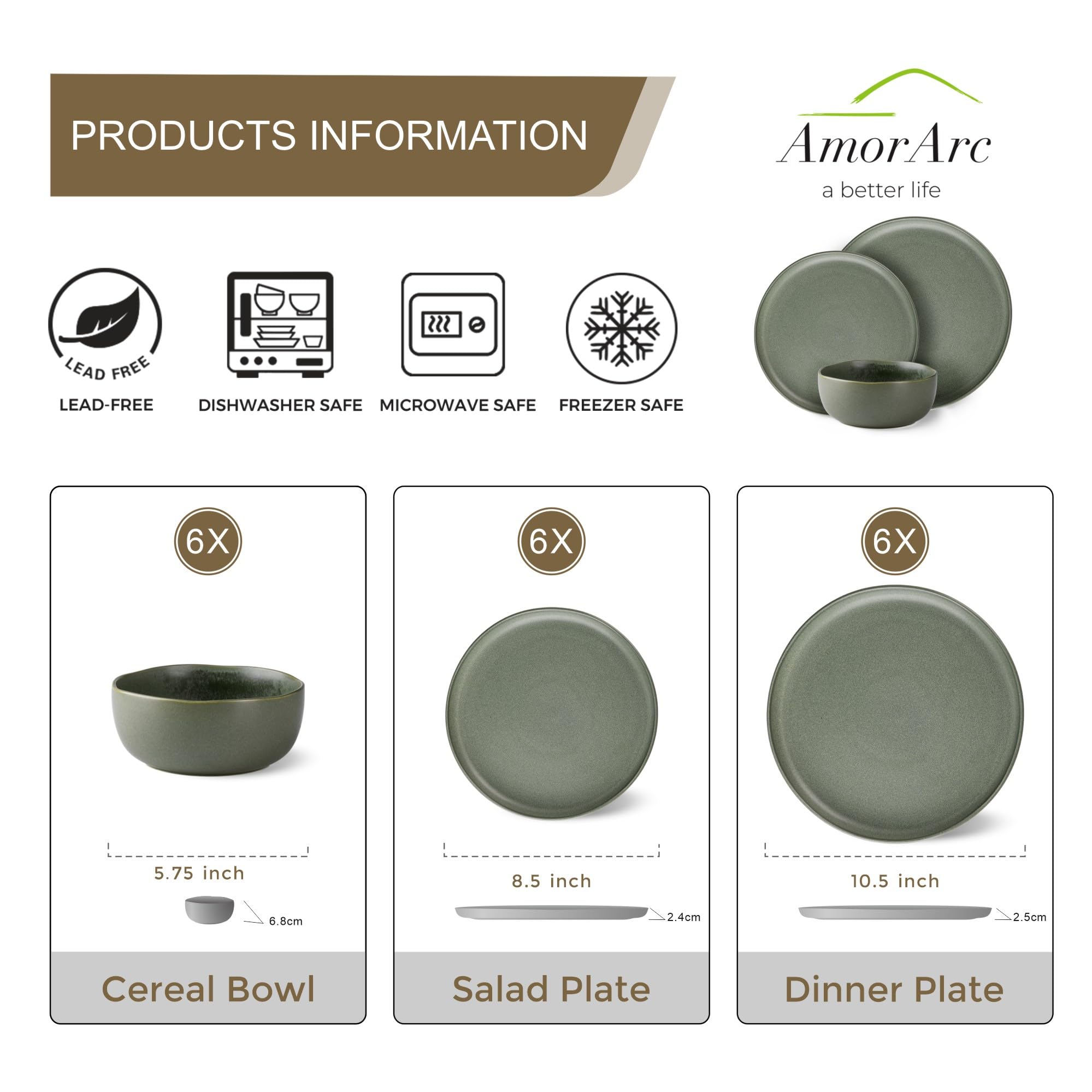 AmorArc 18-Piece Ceramic Dinnerware Set - Wavy Rim Stoneware Plates & Bowls - Chip & Crack Resistant - Dishwasher, Microwave & Oven Safe - Service for 6 | Perfect for Family Dinners, Restaurant-Style Dining & Everyday Use