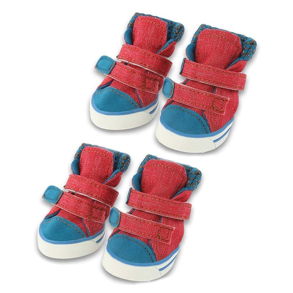 4 Pcs/Set Fashion Winter Dog Boots - Anti-Slip Pet Shoes for Small Dogs Like Chihuahua, Denim Canvas Sneakers for Indoor & Outdoor Use (Red, Size 2) - Perfect for Walking, Running and Cold Weather Protection