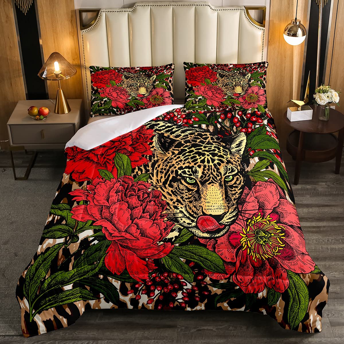 Erosebridal Leopard Print Duvet Cover Set - Cheetah Red Floral Bedding for Girls, Teens & Women - Wild Animal Down Comforter with Romantic Green Leaf Design - Includes 2 Pillowcases - Queen Size - Perfect for Teen Bedrooms, Dorm Rooms & Boho Chic Home Decor