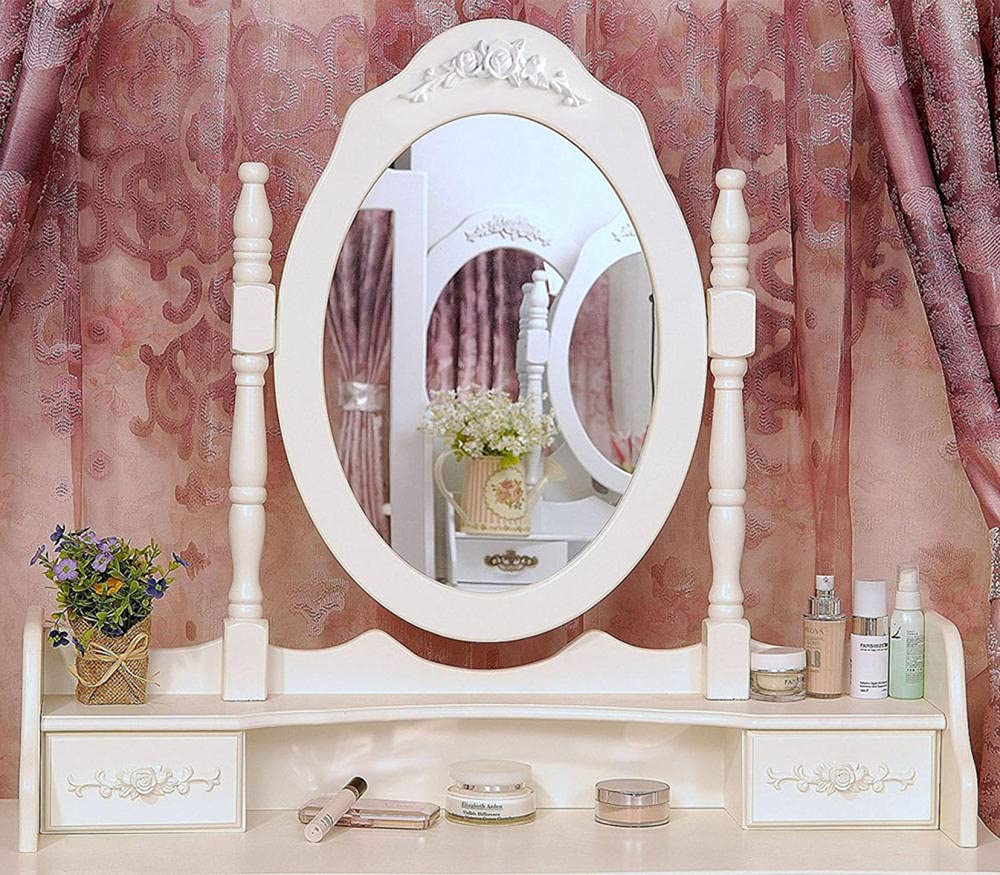 Elegant White Vanity Table Set with 360° Rotating Oval Mirror, 4 Drawers & Cushioned Stool - Wooden Makeup Dressing Table for Women, Perfect for Bedroom & Home Decor (Vanity Desk with Bench Included) - Ideal for Makeup Application, Skincare Routine & Getting Ready in Style