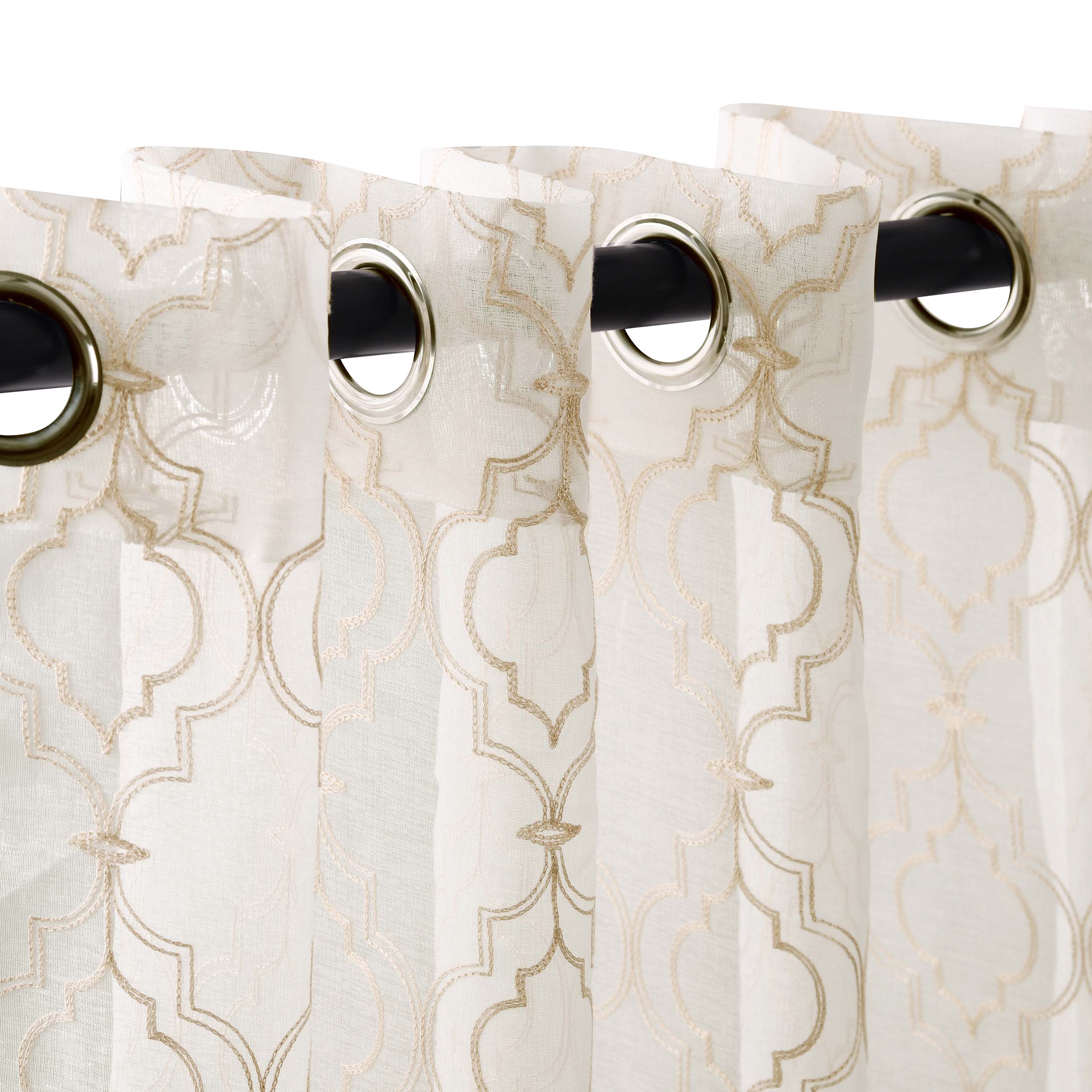 Embroidered Imperial Trellis Sheer Grommet Curtain Panel Set - Elegant Window Treatment for Living Room & Bedroom - Light Filtering & Privacy
