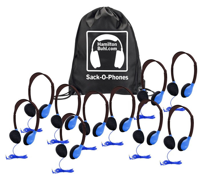 HamiltonBuhl Sack O Phones SchoolMate Personal Headphones (10 Pack) - 5 Color Options for Classroom, Library & Study Use