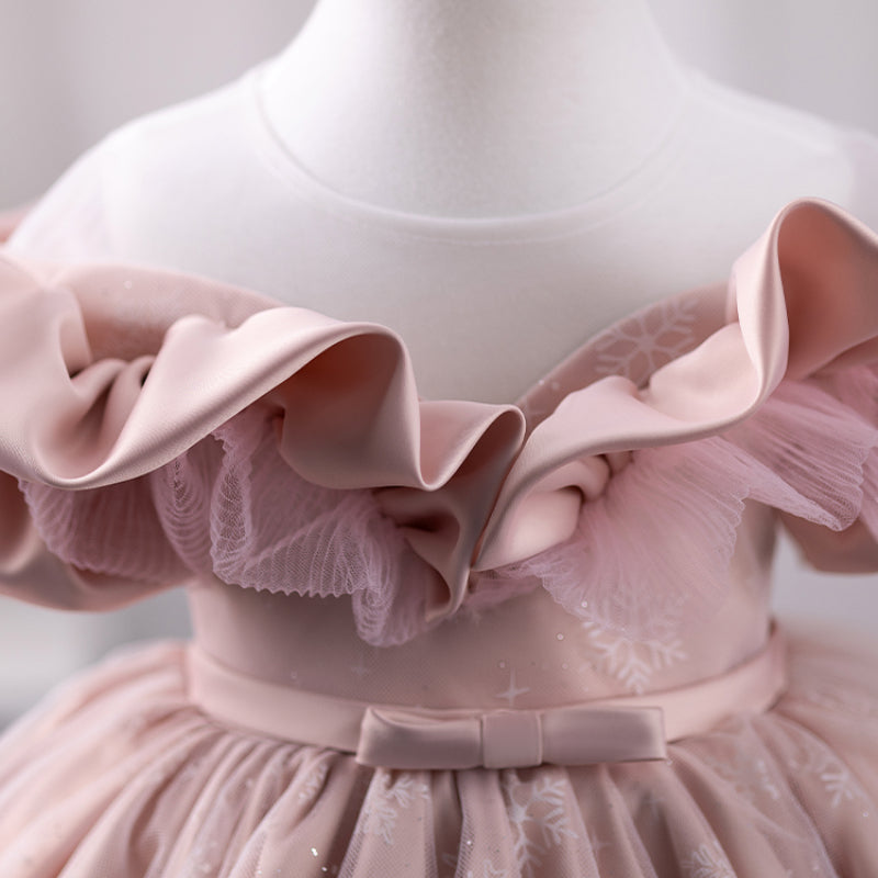 Elegant Pink Puffy Princess One Shoulder Dress for Baby Girls - Perfect for Baptism, Christening, and Special Occasions