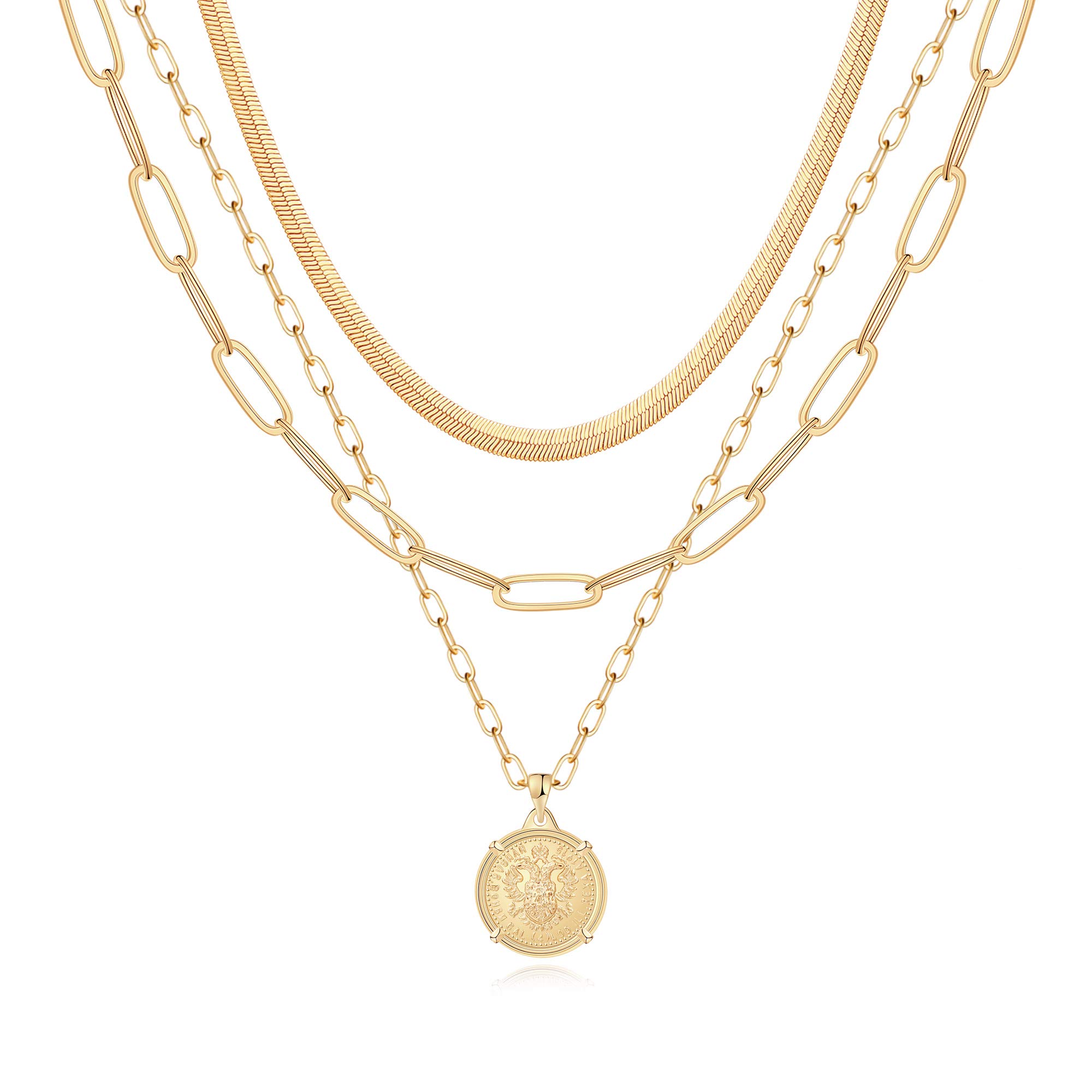 14K Gold Plated Layered Necklace Set for Women - Dainty Coin Pendant, Herringbone & Snake Chain Choker - Elegant Jewelry Gift for Her | Perfect for Date Nights, Office Wear & Special Occasions