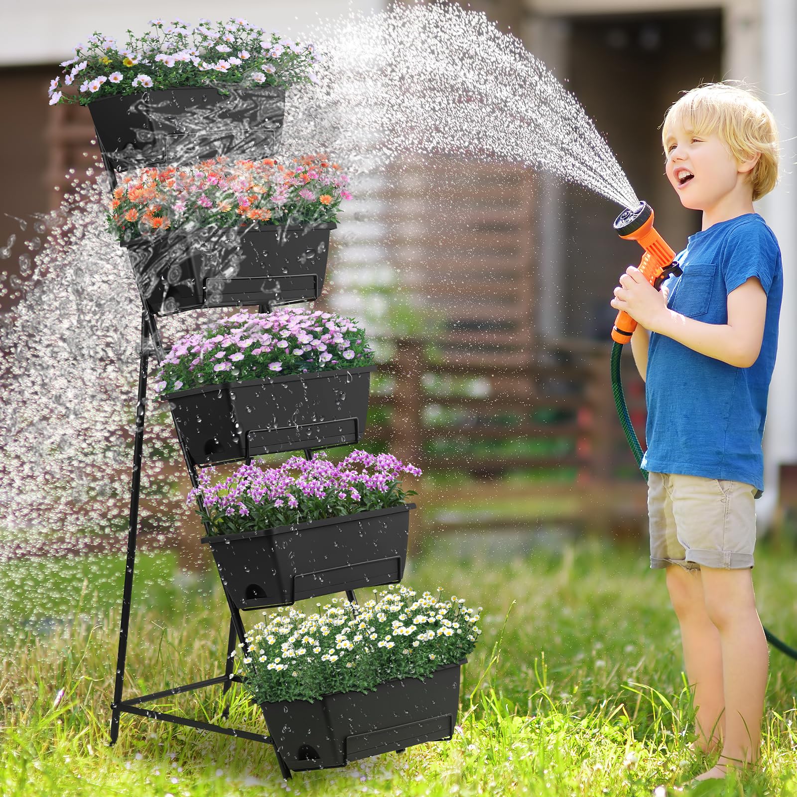 5-Tier Vertical Raised Garden Bed Planter Box - Indoor/Outdoor Herb Flower Vegetable Plant Growing System with Drainage Holes - Perfect for Small Spaces, Balconies, Patios & Urban Gardening (Black)