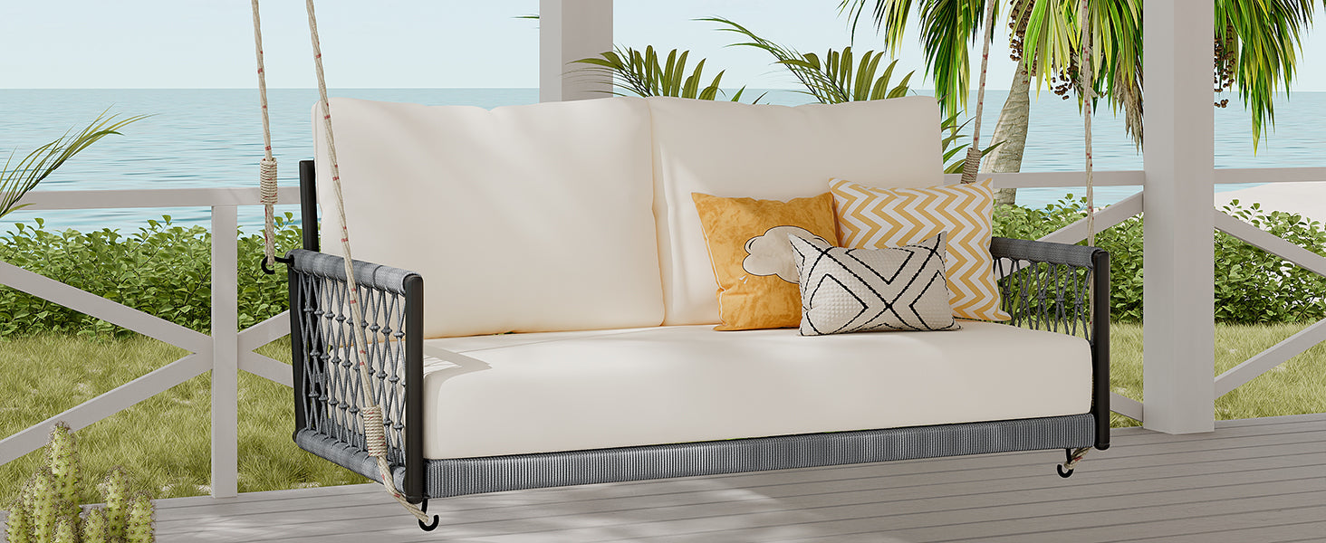 1 Piece Woven Rope Outdoor Swing Sofa with Soft Cushions - Seats 2 People - Perfect for Patio, Garden, Balcony & Backyard Relaxation (Beige) | Weather-Resistant Hanging Chair for Porch, Poolside & Outdoor Living Spaces