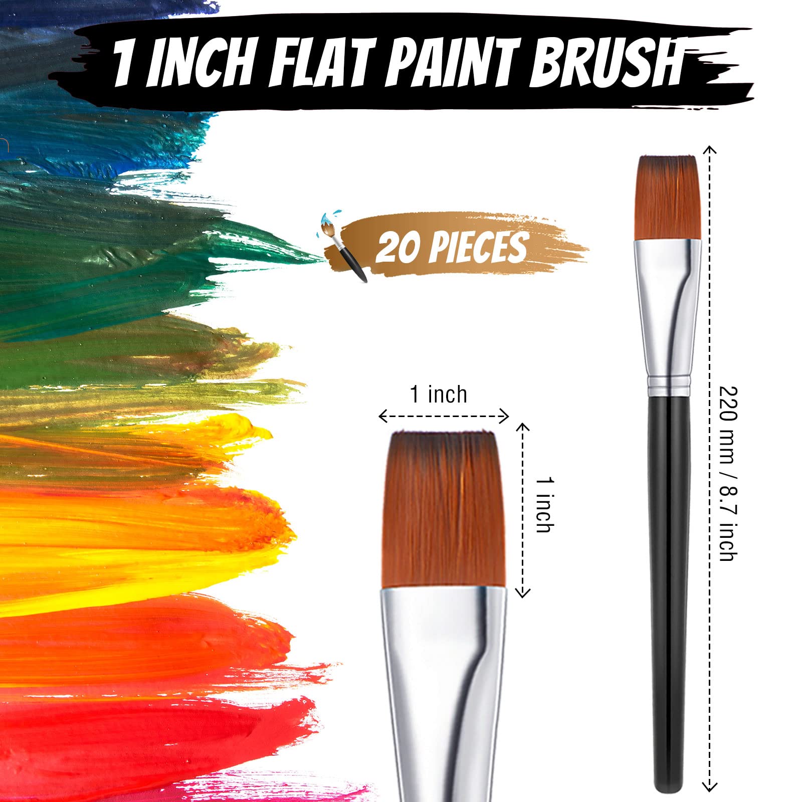 Zonon 20-Piece Flat Paint Brushes Set - Professional Acrylic, Watercolor & Oil Painting Brushes for Canvas, Face & Detail Artwork (1 Inch, Black) - Perfect for Artists, Hobbyists & DIY Craft Projects