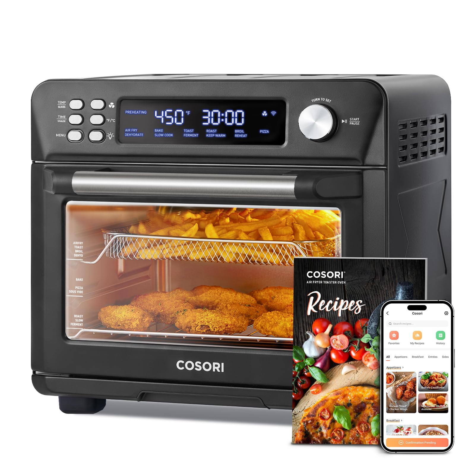 COSORI Smart 11-in-1 Air Fryer Toaster Oven Combo | 26QT Countertop Convection Oven for Baking, Roasting, Reheating, Broiling & Dehydrating | Includes 94 Recipes & 3 Accessories | Stainless Steel Black | Perfect for Small Kitchens, Dorms & Healthy Cooking