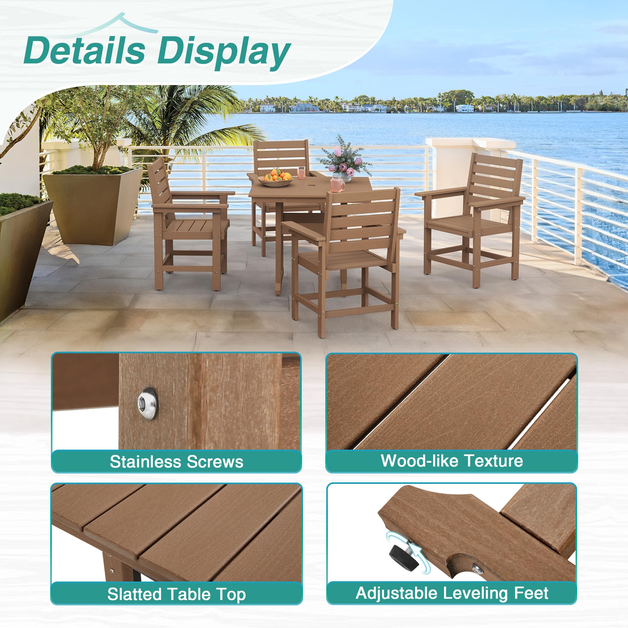 5-Piece Outdoor Patio Dining Set - HDPE Weather-Resistant Square Table with 4 Chairs & Umbrella Hole - Light Brown Balcony Furniture for Garden, Backyard & Poolside Relaxation
