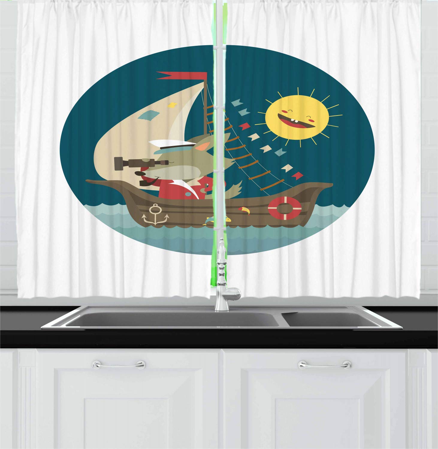 Ambesonne Cartoon Kitchen Curtains - Wolf Captain Sailing Ocean Nautical Theme with Laughing Sun, 2 Panel Window Drapes Set for Kitchen & Cafe Decor, 55 x 39 Inches, Multicolor - Perfect for Coastal, Beach House & Nautical Themed Rooms