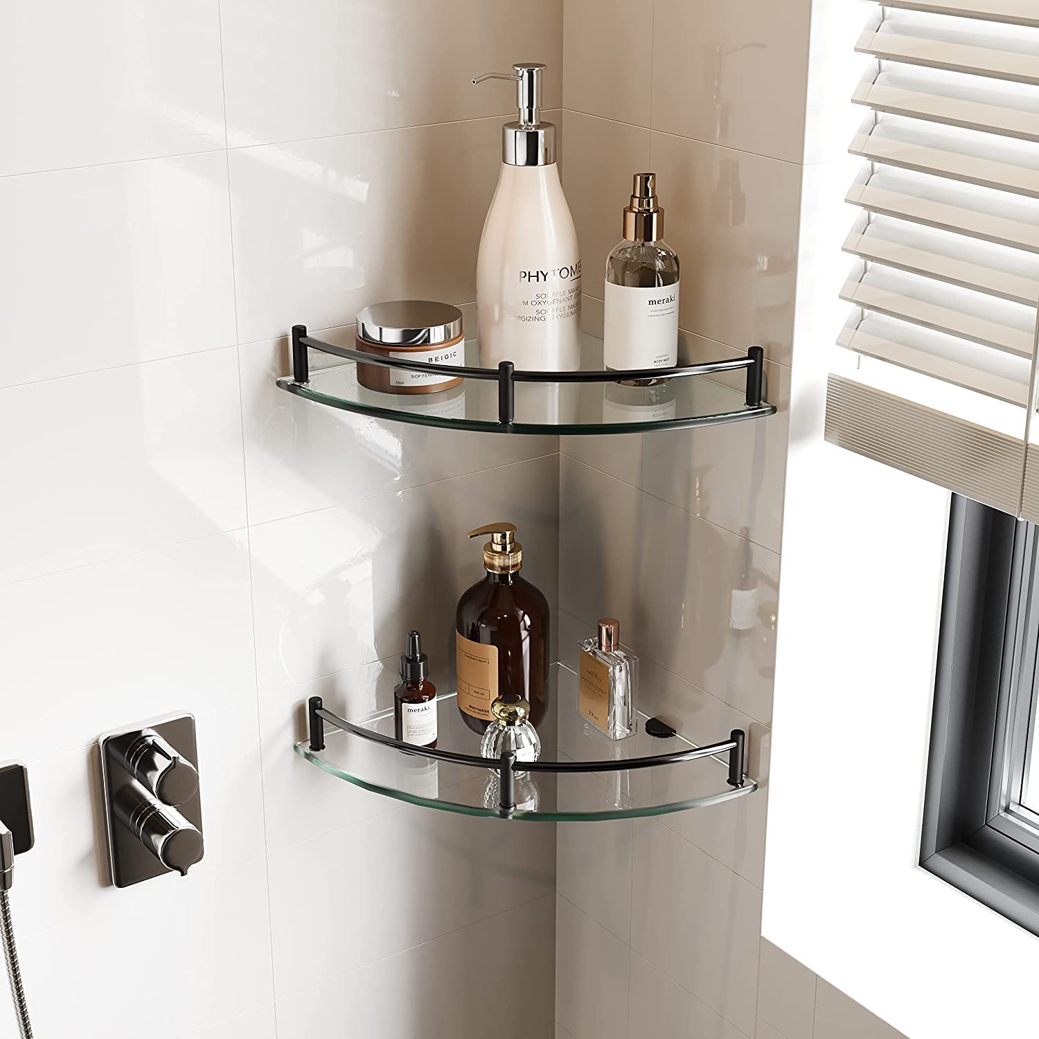 2-Tier Glass Corner Shower Shelf - Wall Mounted Bathroom Organizer for Shampoo, Soap & Accessories