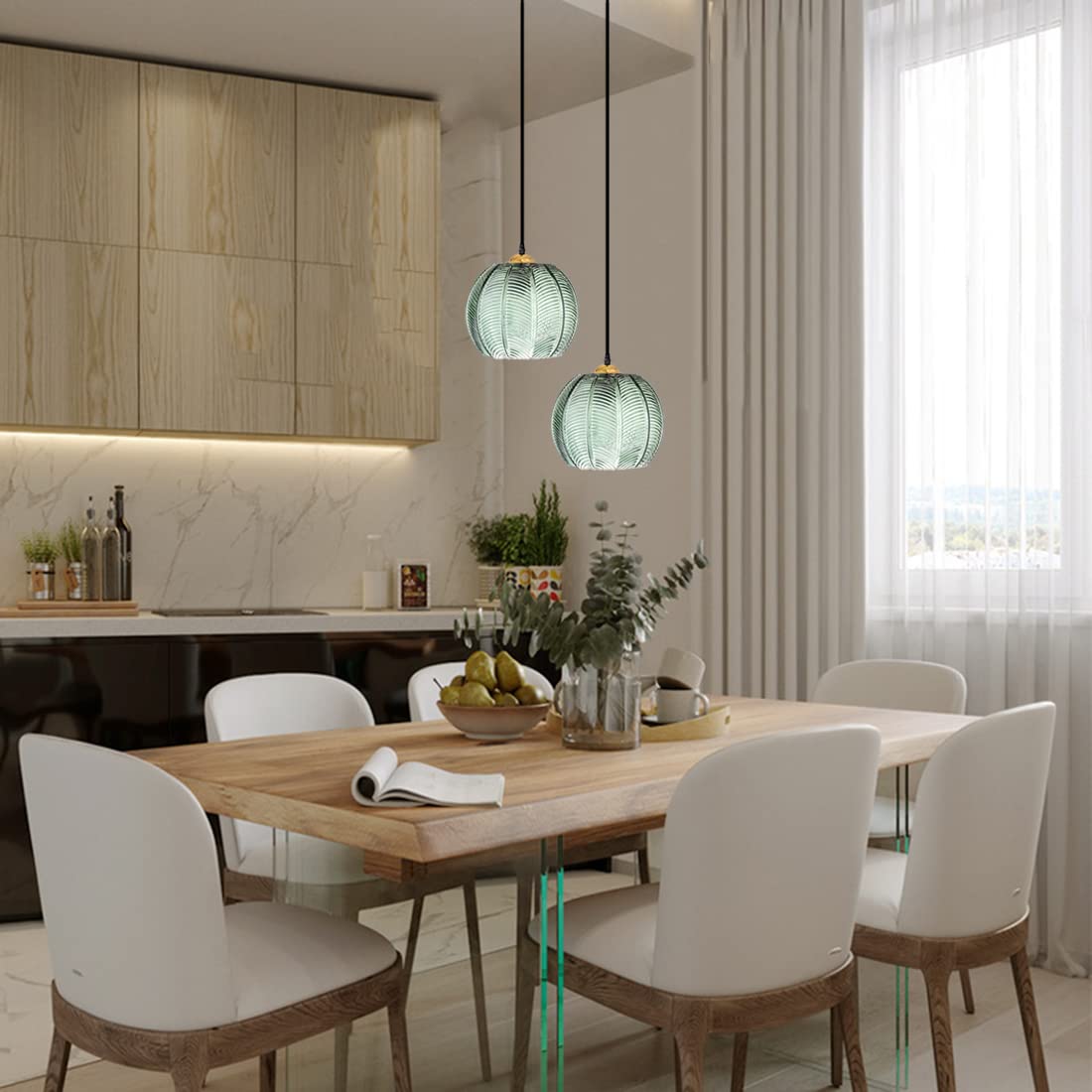 Modern 2-Light Glass Pendant Light Fixture with Green Ribbed Glass Shade - Stylish Globe Chandelier for Kitchen Island, Dining Room, Living Room & Bedroom - Perfect for Home Decor, Restaurant Lighting and Commercial Spaces