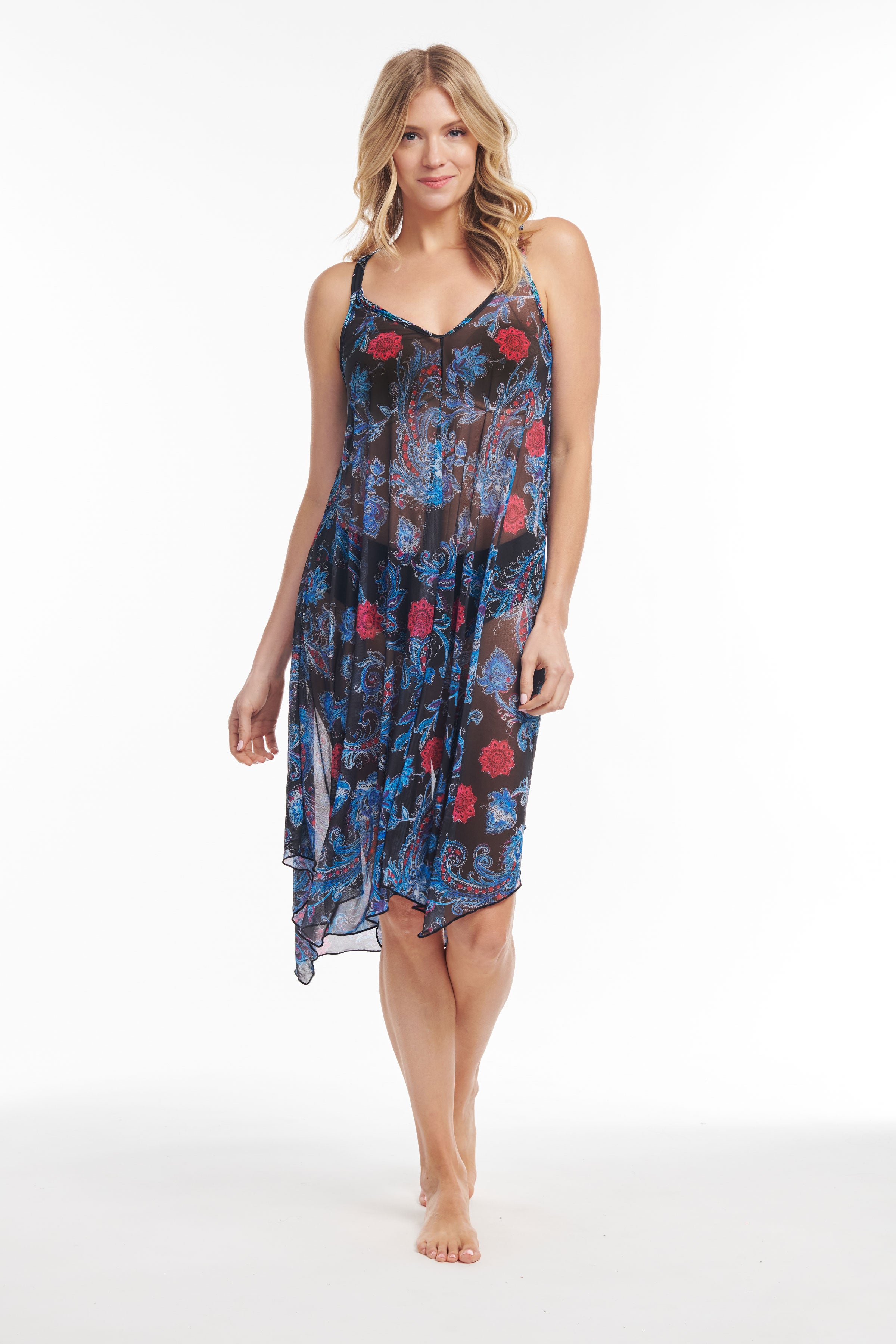 Flowy Mesh Coverup Tank Dress - Mid Length Linework Paisley Design | Beach Cover Up, Summer Dress, Boho Chic Outfit for Pool Party & Vacation